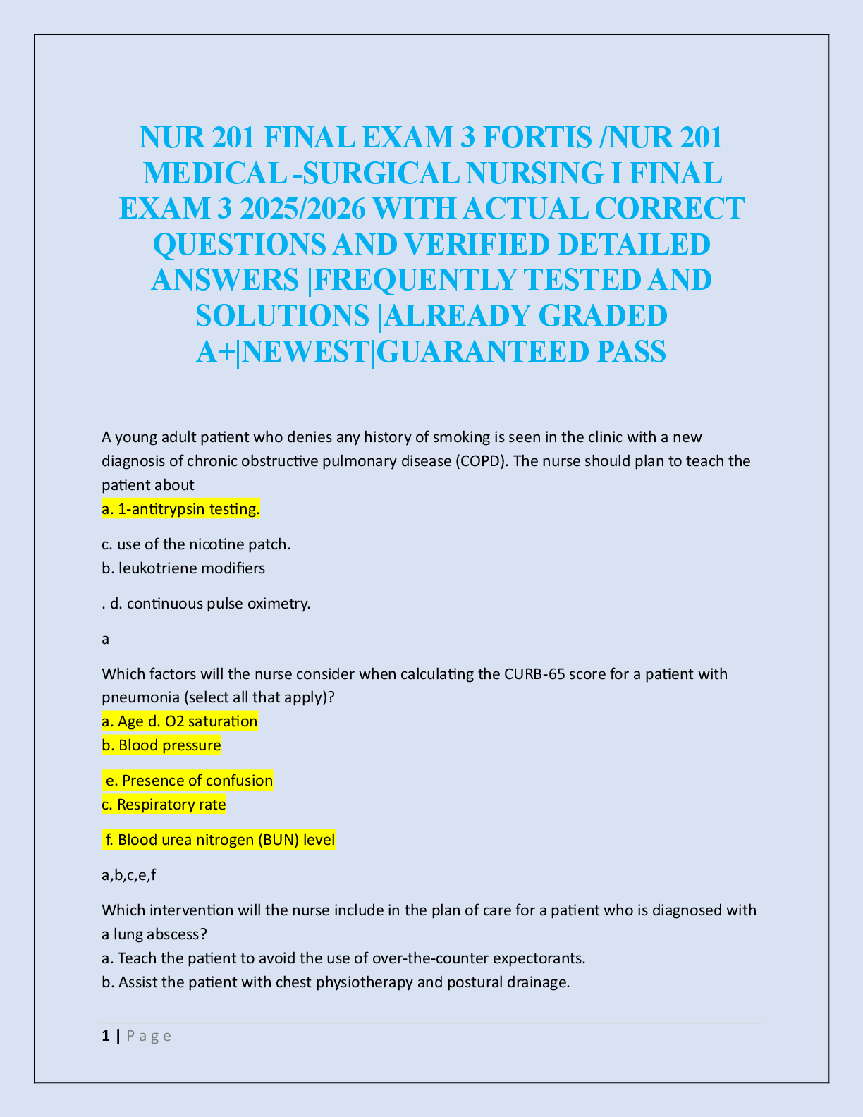 NUR 201 FINAL EXAM 3 FORTIS