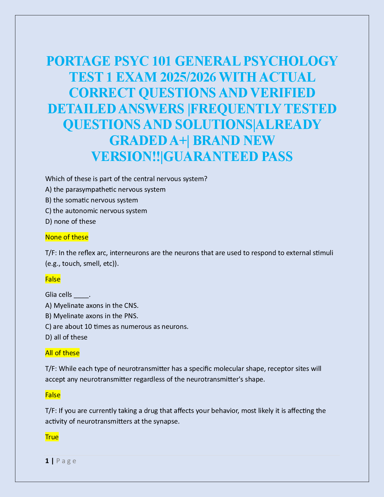 Preview image for PORTAGE PSYC 101 GENERAL PSYCHOLOGY  TEST 1 EXAM 2025/2026