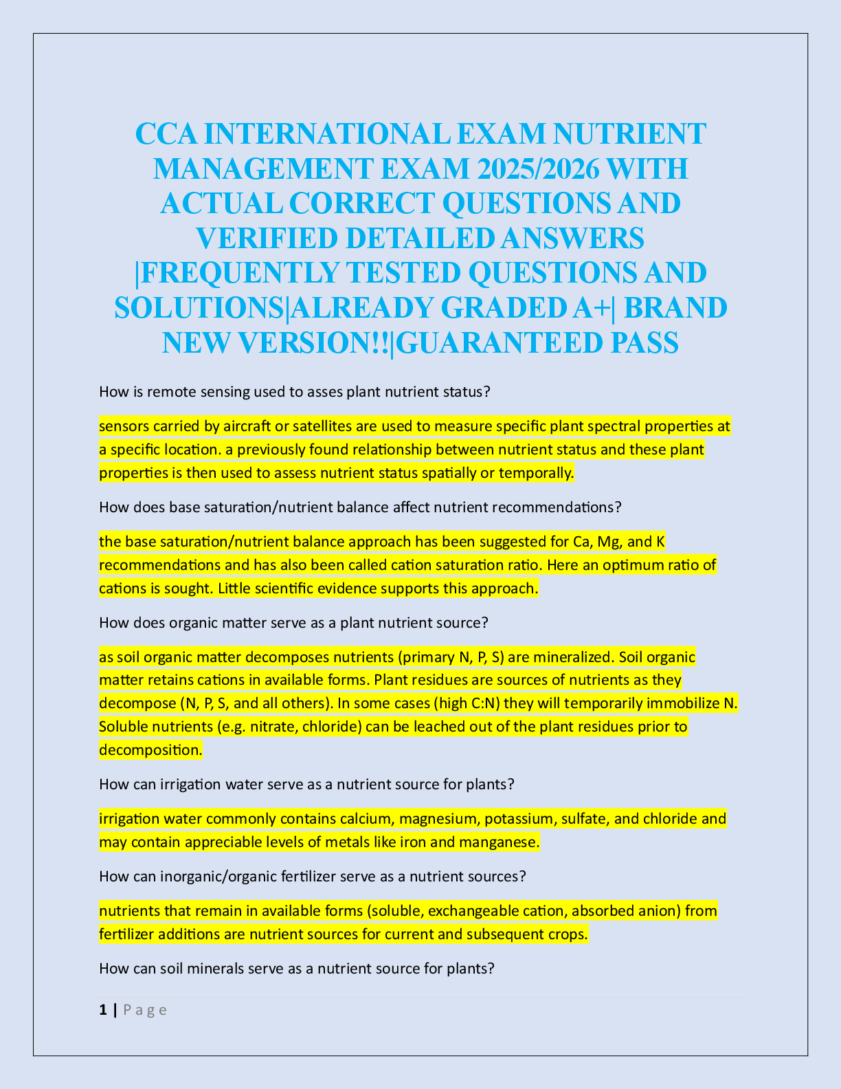 Preview image for CCA INTERNATIONAL EXAM NUTRIENT  MANAGEMENT EXAM 2025/2026