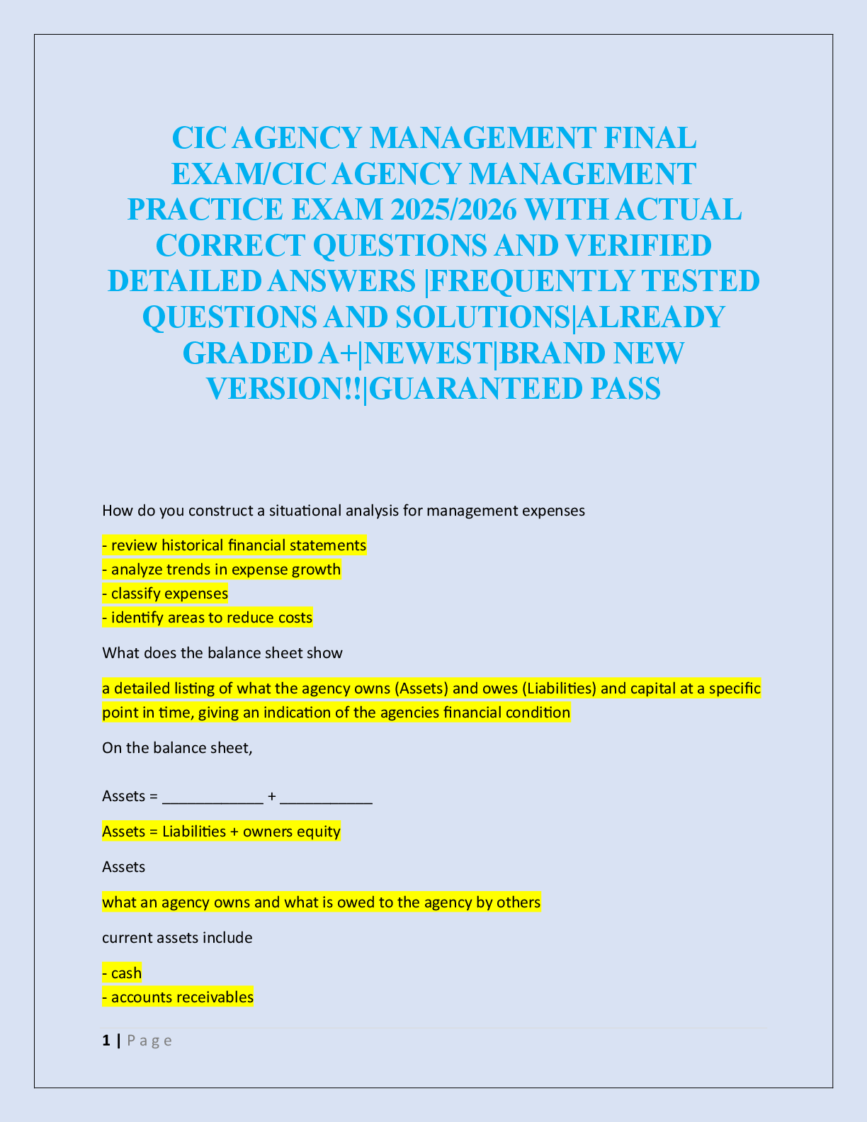 CIC AGENCY MANAGEMENT FINAL  EXAM/CIC AGENCY MANAGEMENT  PRACTICE EXAM  