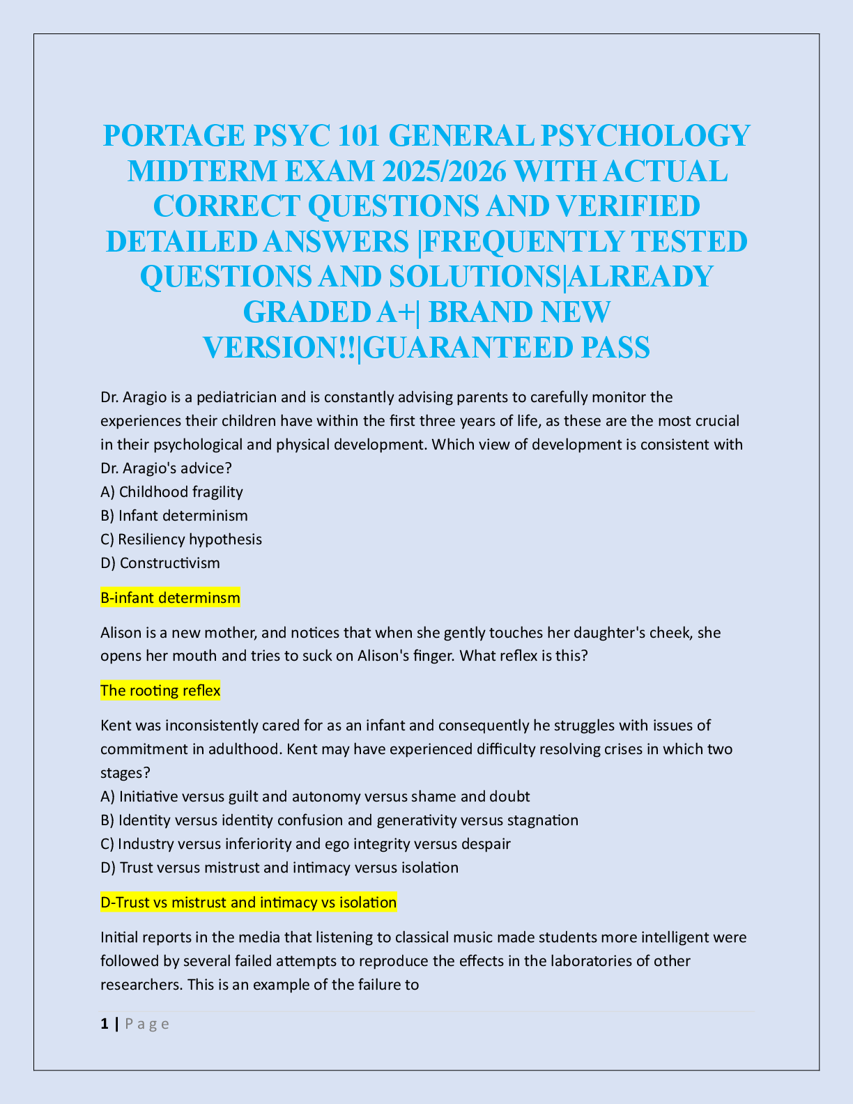 Preview image for PORTAGE PSYC 101 GENERAL PSYCHOLOGY  MIDTERM EXAM 2025/2026