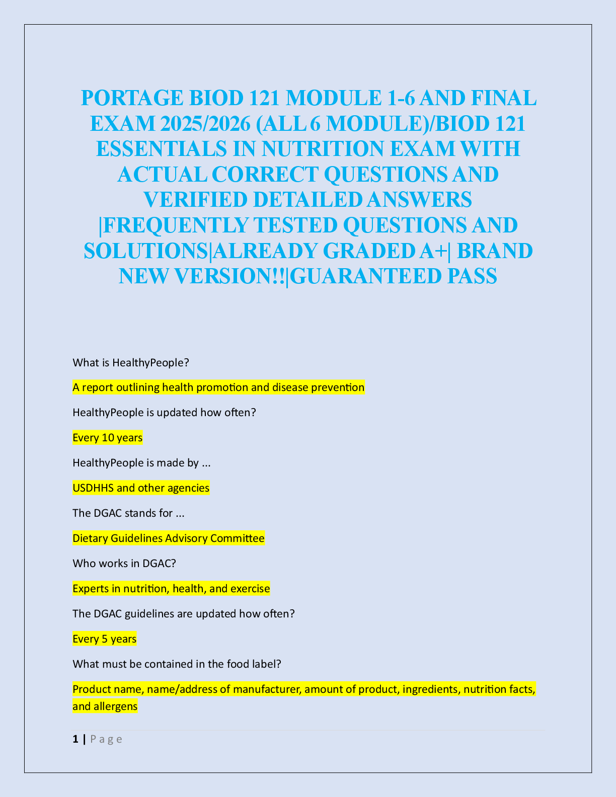 Preview image for PORTAGE BIOD 121 MODULE 1-6 AND FINAL  EXAM 2025/2026 (ALL 6 MODULE)/BIOD 121  ESSENTIALS IN NUTRITION EXAM