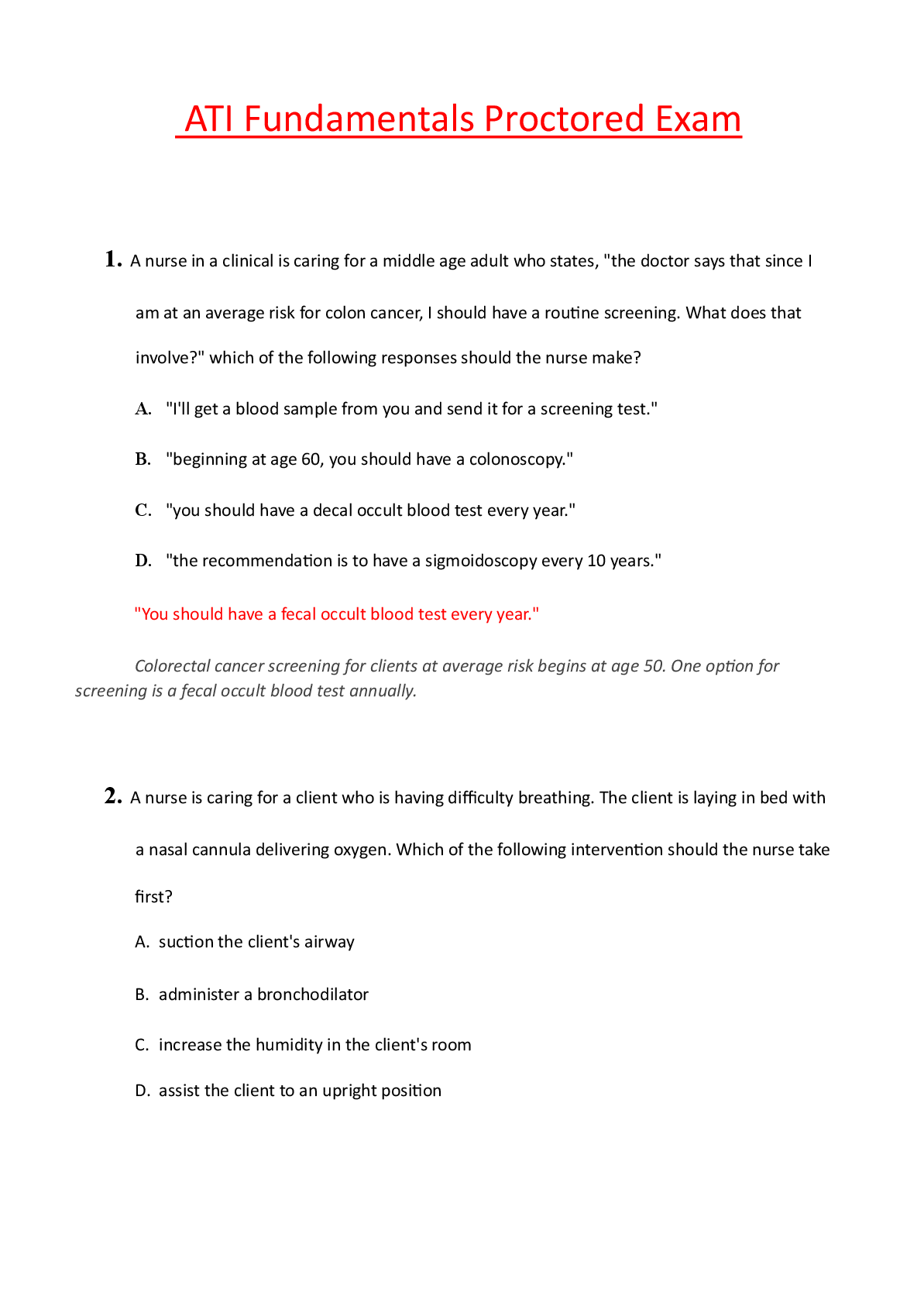 Preview image for ATI RN Fundamentals Proctored Exam | 70 Questions and Verified Answers| 100% Correct| Grade A+ (Latest 2025 Update) | Actual RN ATI Fundamentals Proctored Exam with NGN