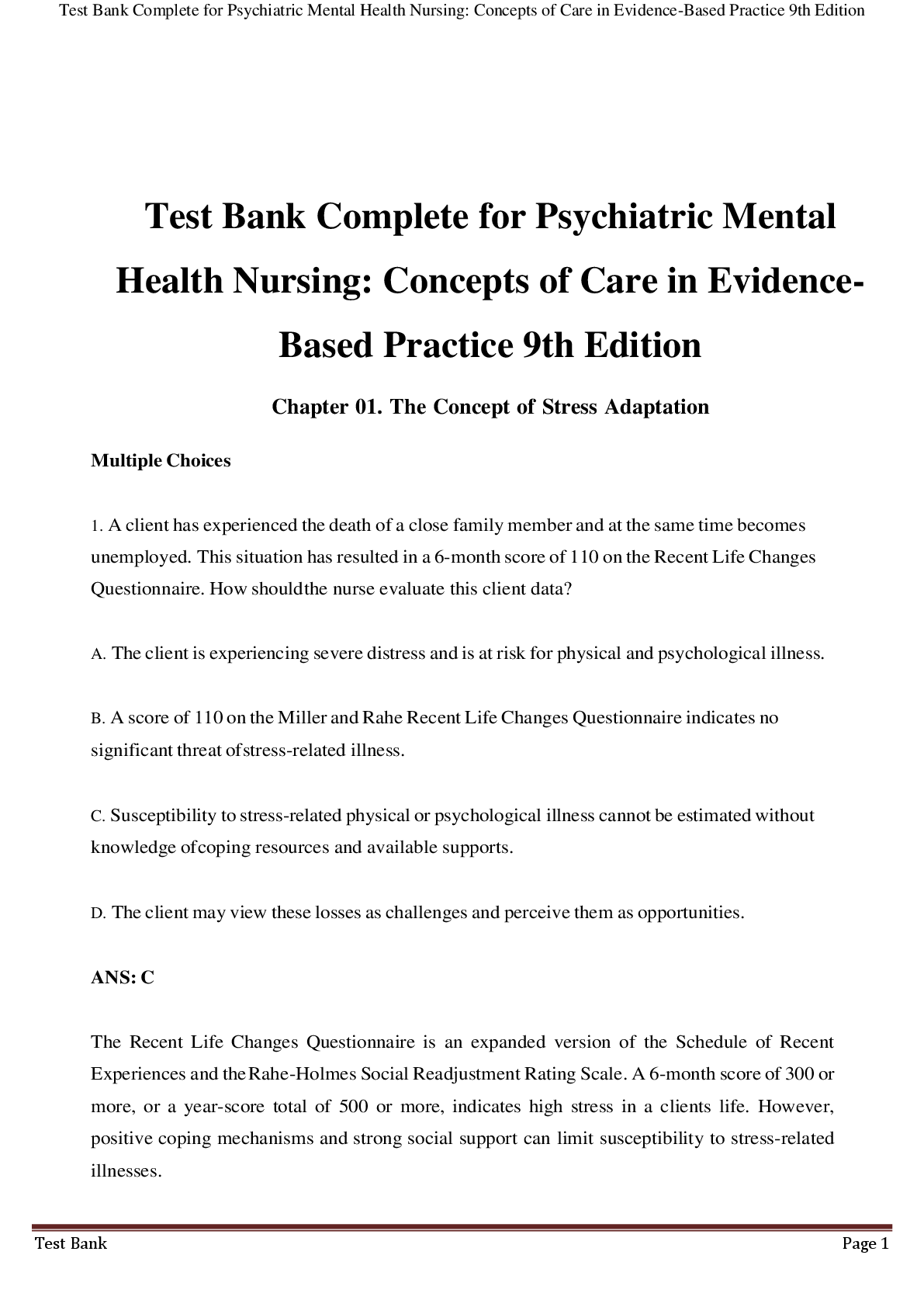 Preview image for Test Bank Complete for Psychiatric Mental  Health Nursing: Concepts of Care in Evidence Based Practice 9th Edition