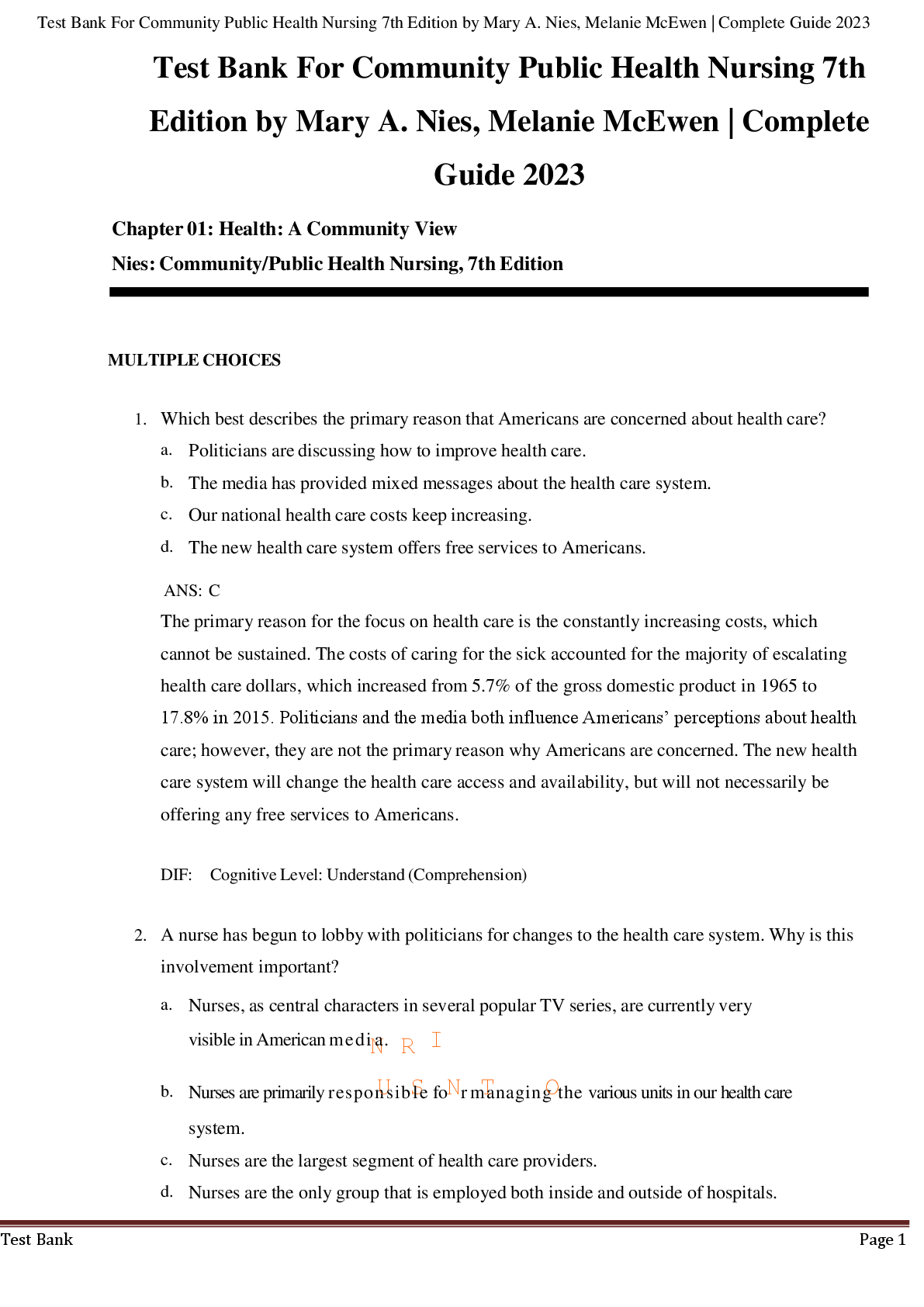 Preview image for Test Bank For Community Public Health Nursing 7th  Edition by Mary A. Nies, Melanie McEwen | Complete  Guide 2023