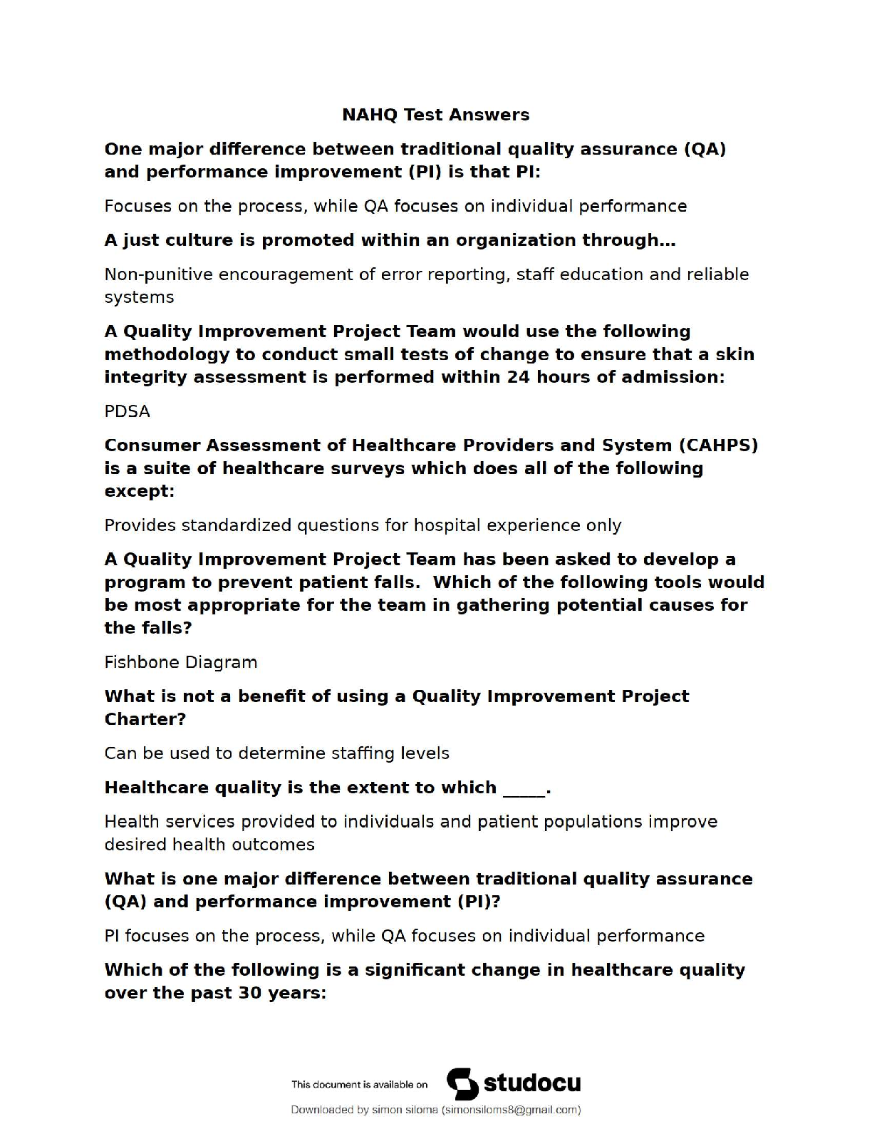 Preview of NAHQ CPHQ Exam 2025 / Quality Improvement &amp; Assurance / Test Answers &amp; Study Guide