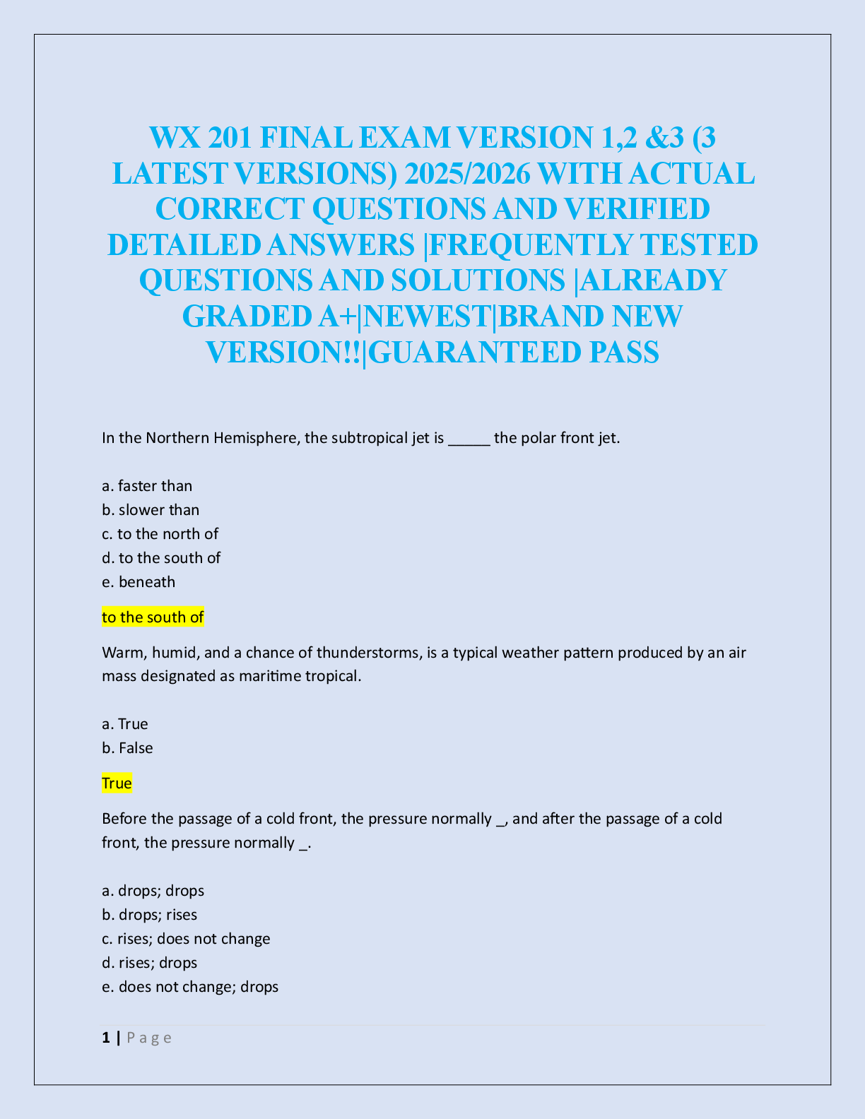 Preview of WX 201 FINAL EXAM VERSION 1,2 &3 (3  LATEST VERSIONS)