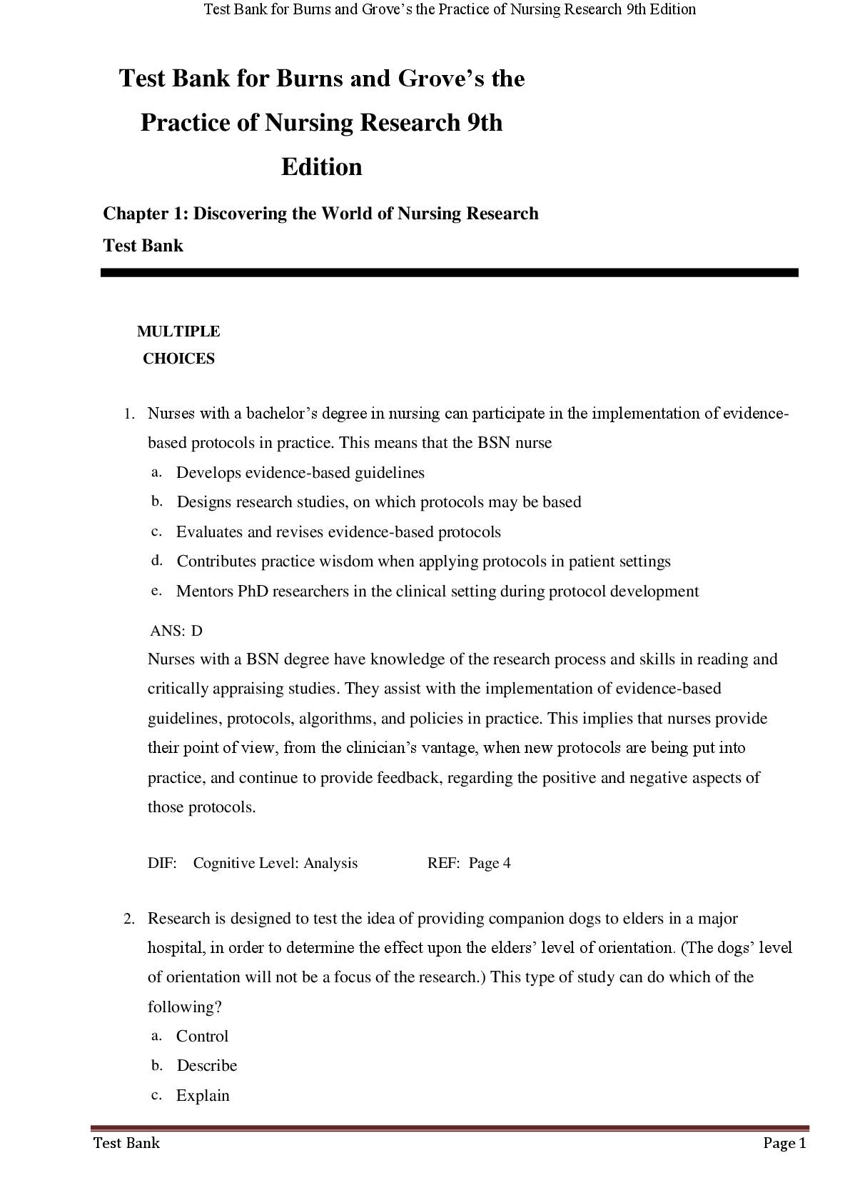 Preview image for Test Bank for Burns and Grove’s the  Practice of Nursing Research 9th  Edition