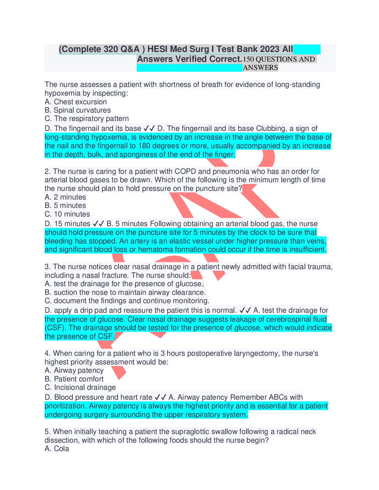 Preview image for (Complete 320 Q&A ) HESI Med Surg I Test Bank 2025/2026 All Answers Verified Correct. 150 QUESTIONS AND ANSWERS