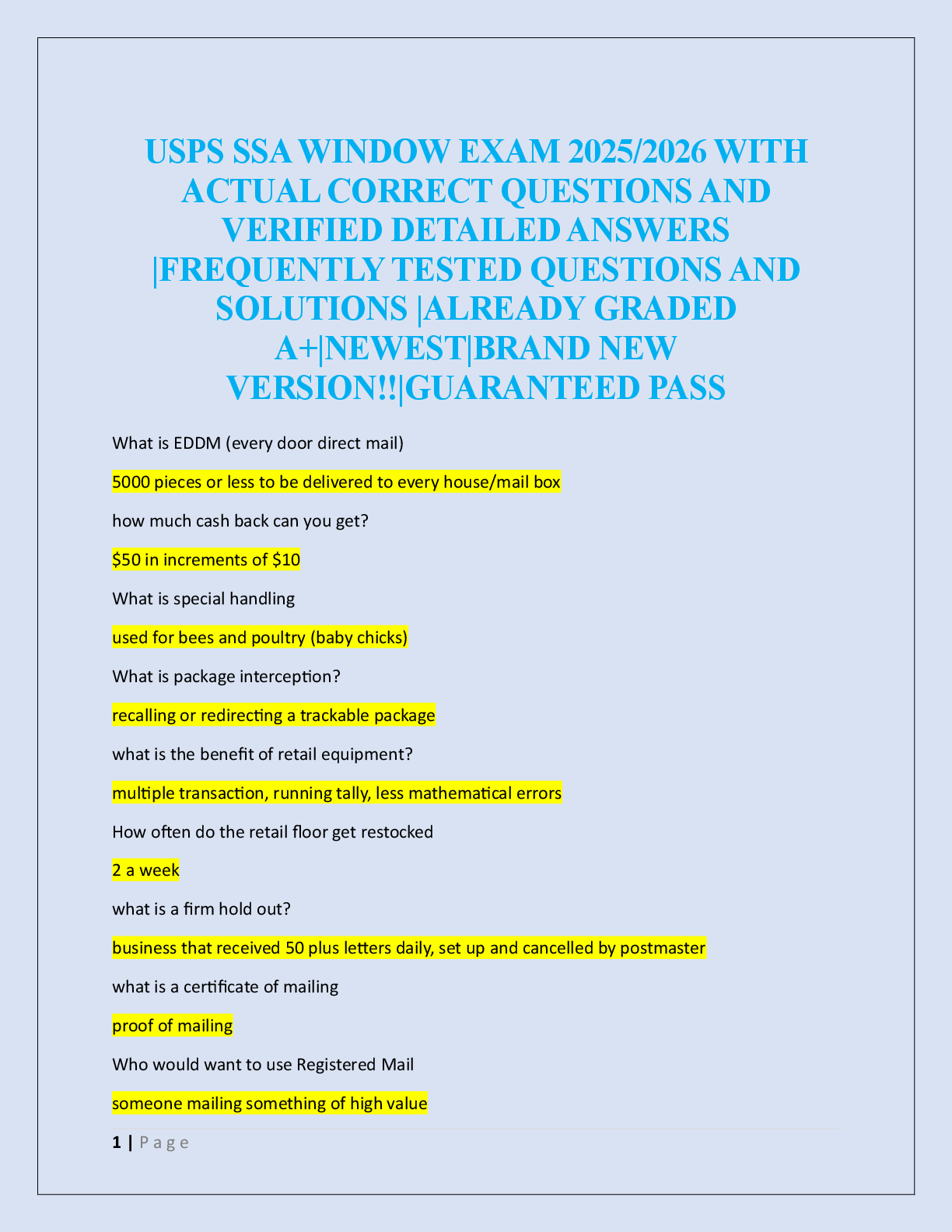 Preview image for USPS SSA EXAM VERSION 1&2 (2 LATEST  VERSIONS) 2025/2026