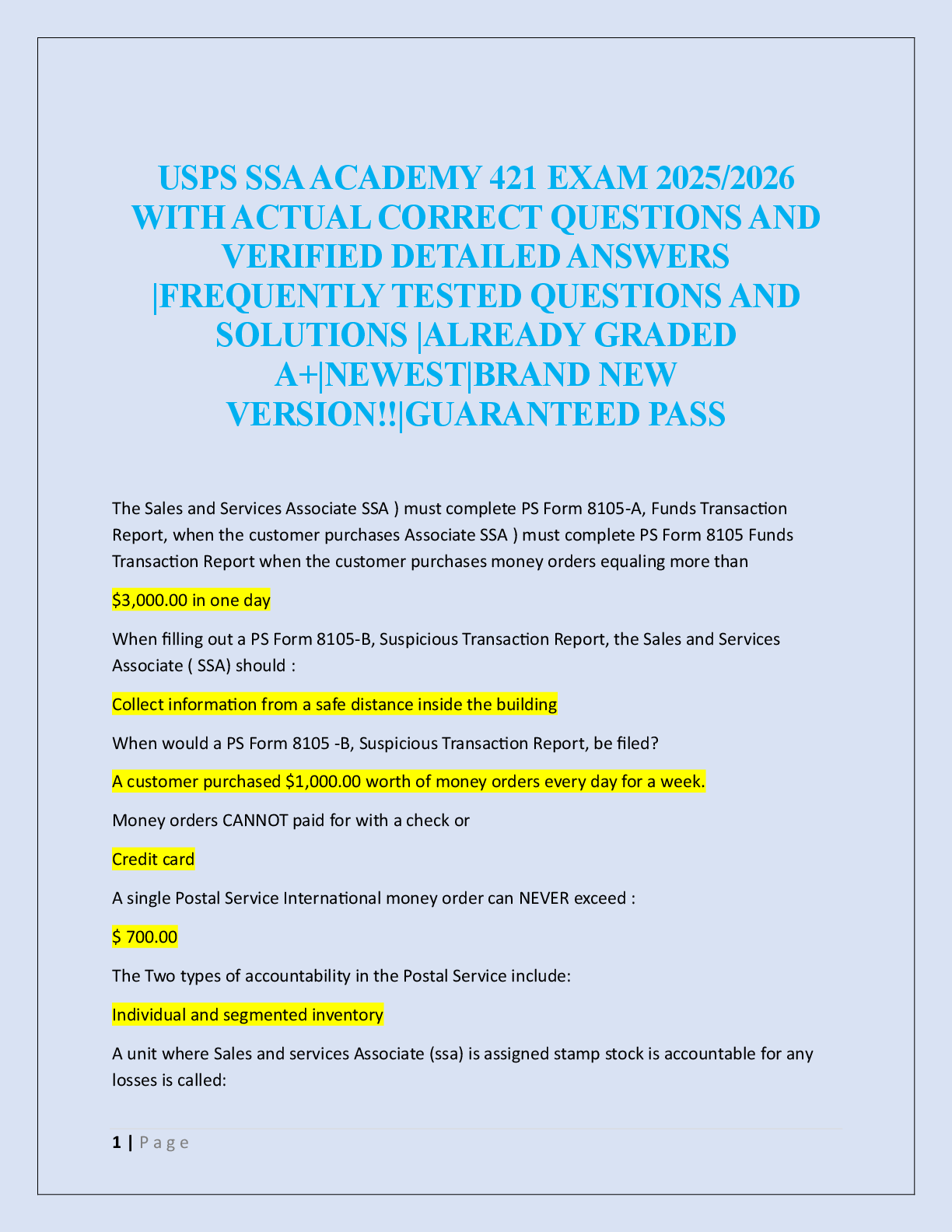Preview image for USPS SSA ACADEMY 421 EXAM 2025/2026