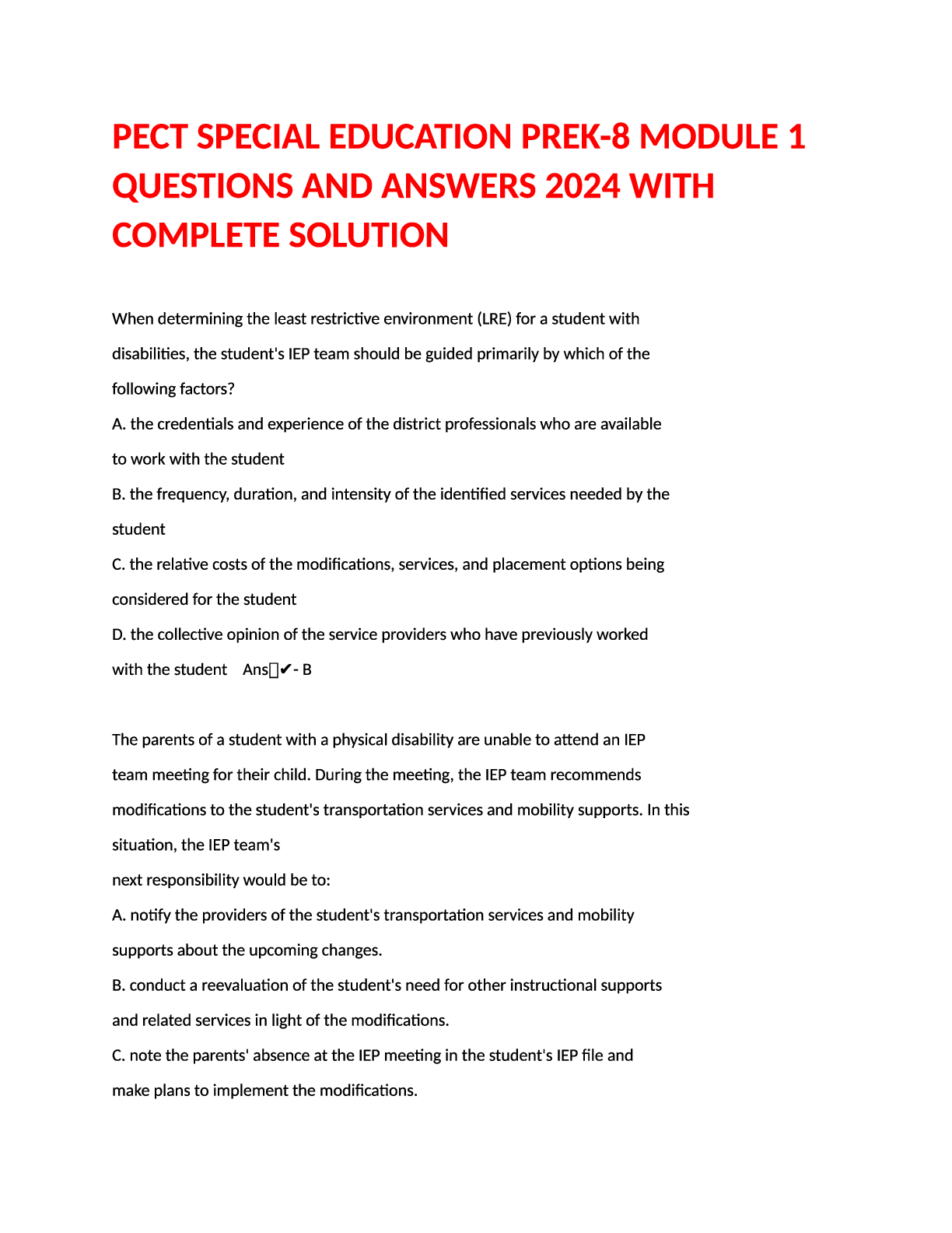 Preview image for PECT Special Education PreK-8 Module 1 Questions and Answers 2024 with Complete Solution
