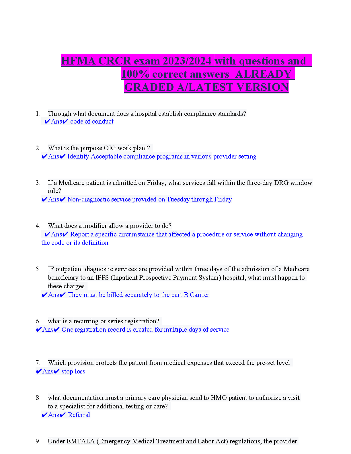 Preview image for HFMACRCR exam 2023-2024 with questions and 100% correct answers already graded, latest version.