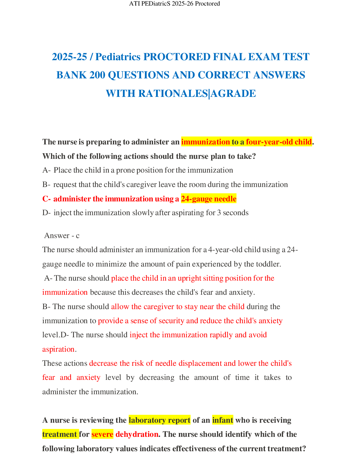 Preview image for Pediatrics PROCTORED FINAL EXAM TEST  BANK 200 QUESTIONS AND CORRECT ANSWERS  WITH RATIONALES|AGRADE 2025-25