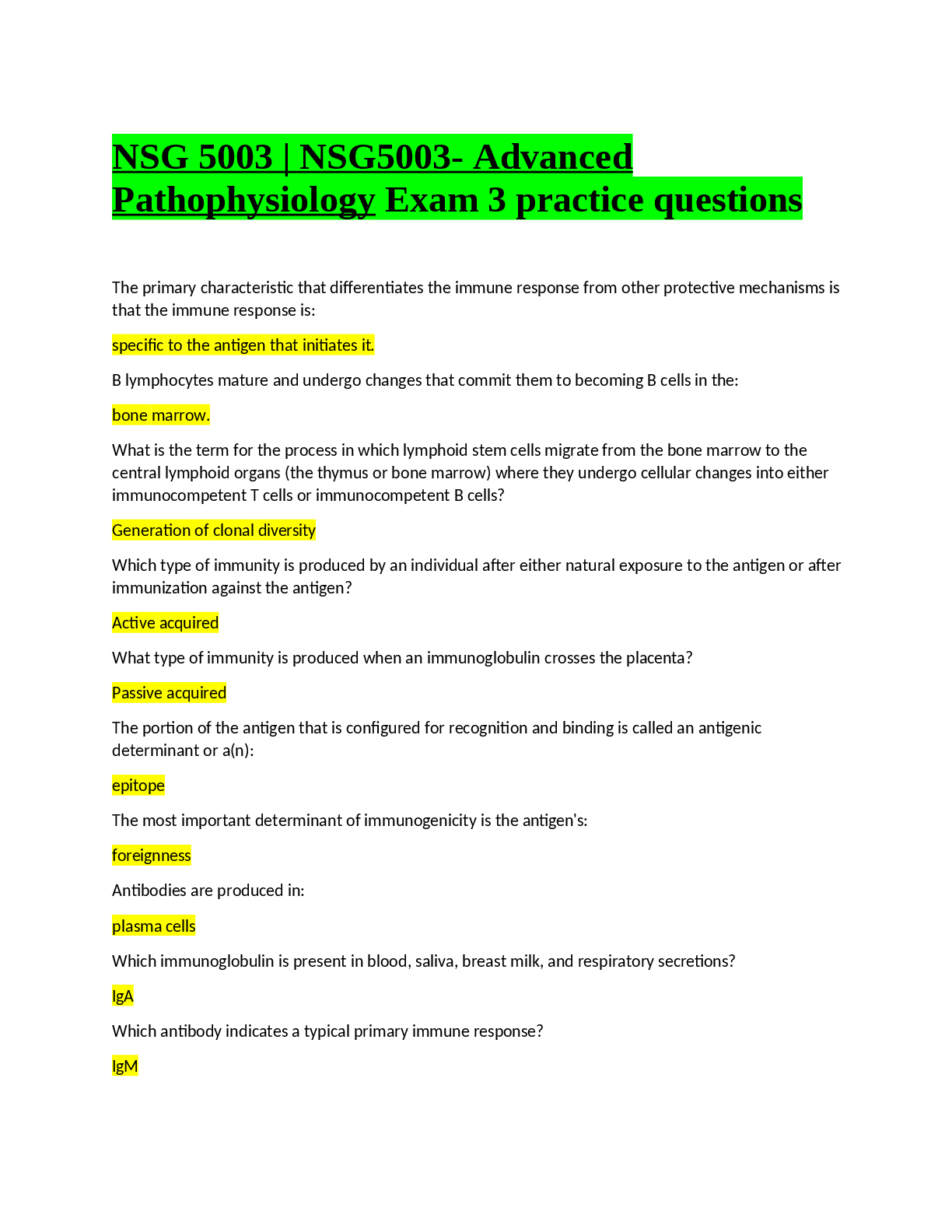 Preview image for NSG 5003  NSG5003 - Advanced Pathophysiology Exam 3 practice questions