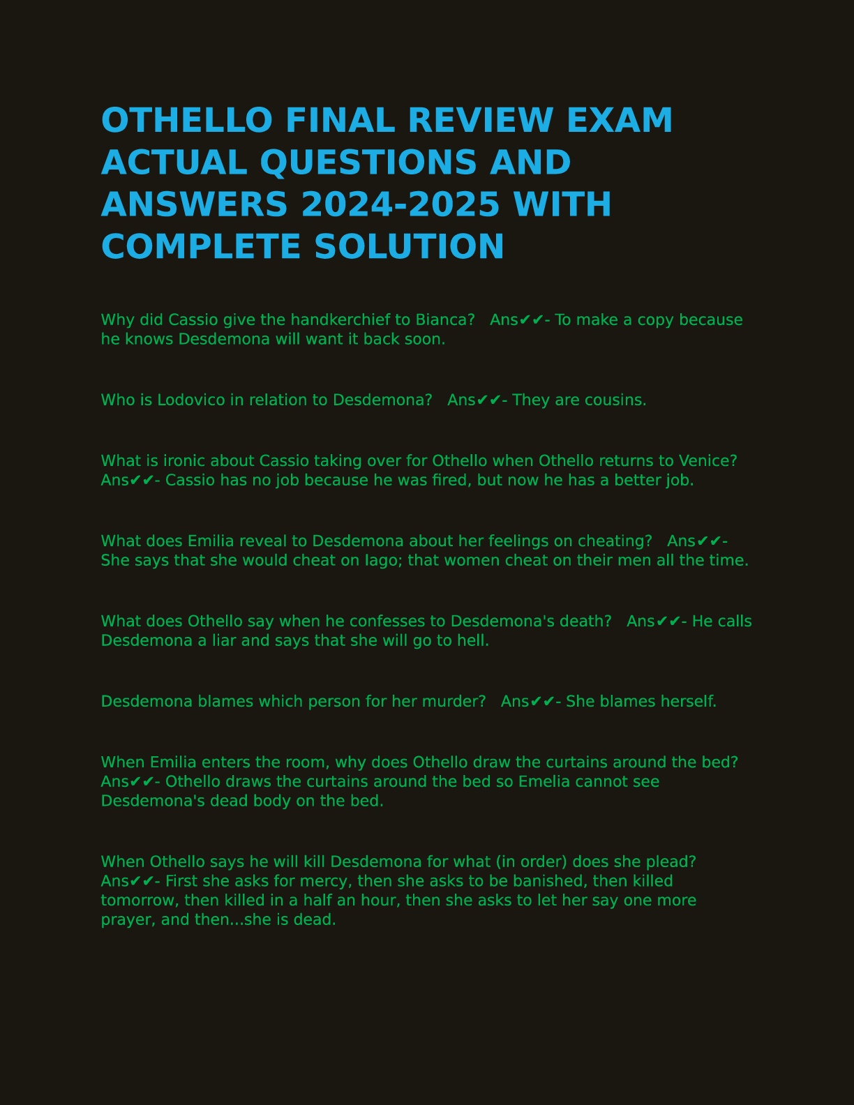 Preview image for OTHELLO FINAL REVIEW EXAM ACTUAL QUESTIONS AND ANSWERS 2024-2025 WITH COMPLETE SOLUTION