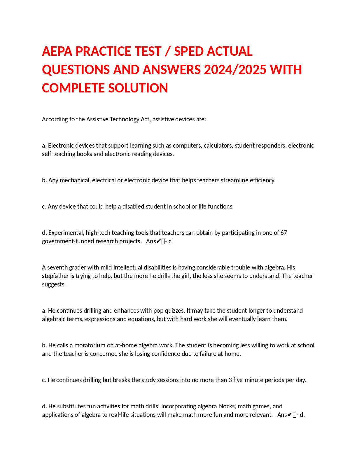 Preview image for AEPA PRACTICE TEST  SPED ACTUAL QUESTIONS AND ANSWERS 2024-2025 WITH COMPLETE SOLUTION