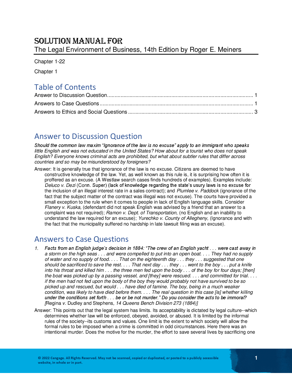 Preview image for Solution Manual for  The Legal Environment of Business, 14th Edition by Roger E. Meiners