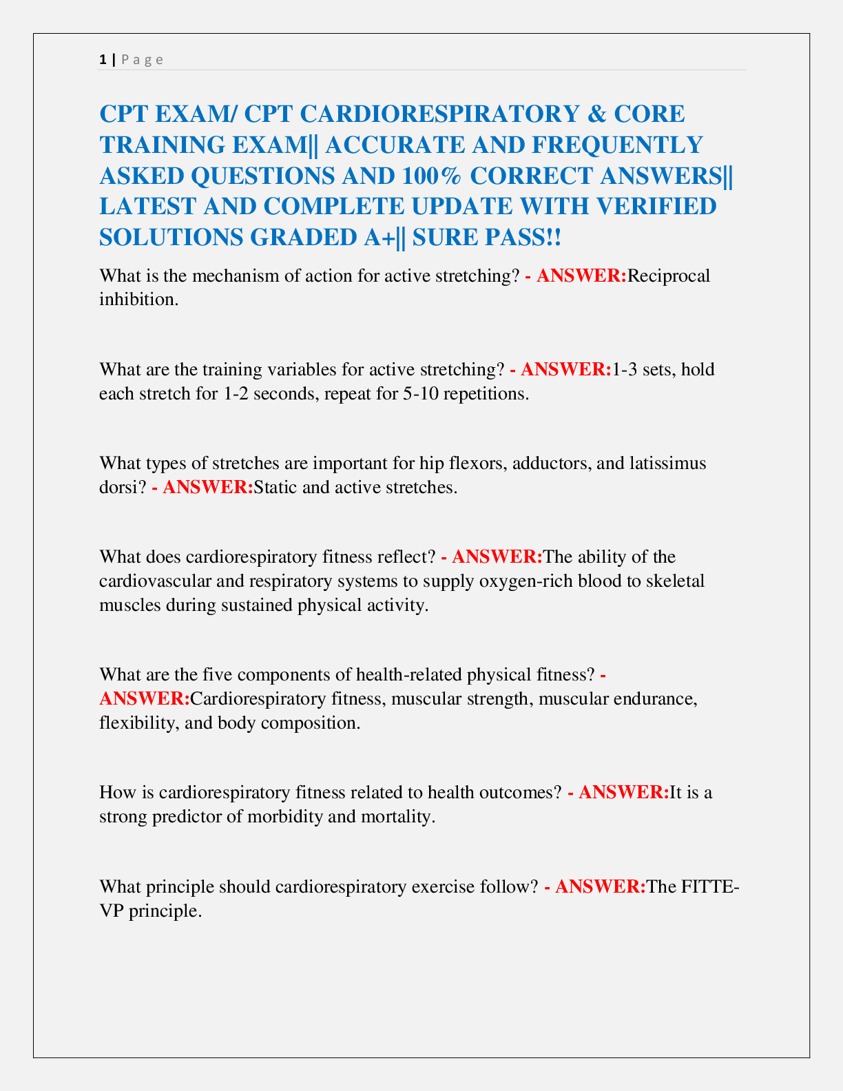 Preview image for CPT EXAM/ CPT CARDIORESPIRATORY & CORE  TRAINING EXAM|| ACCURATE AND FREQUENTLY  ASKED QUESTIONS AND 100% CORRECT ANSWERS||  LATEST AND COMPLETE UPDATE WITH VERIFIED  SOLUTIONS GRADED A+|| SURE PASS!!