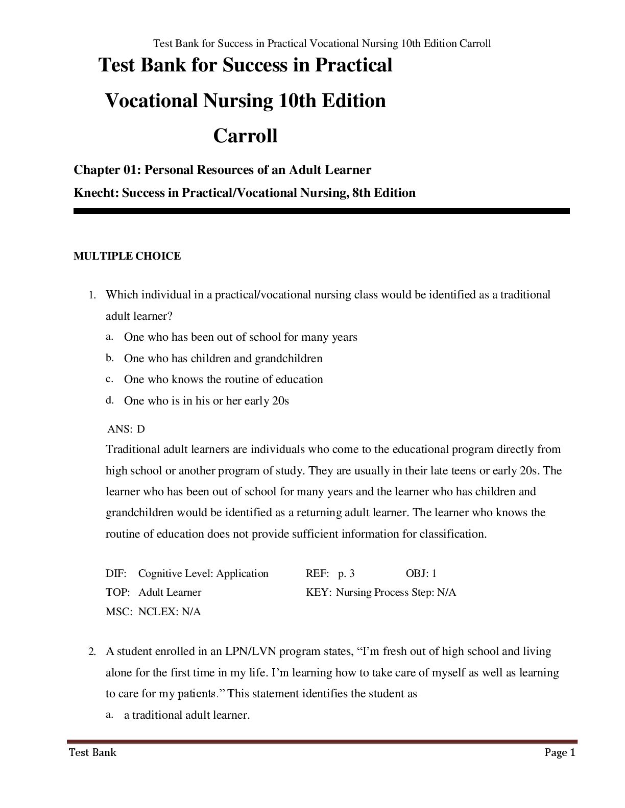 Preview image for Test Bank for Success in Practical  Vocational Nursing 10th Edition  Carroll