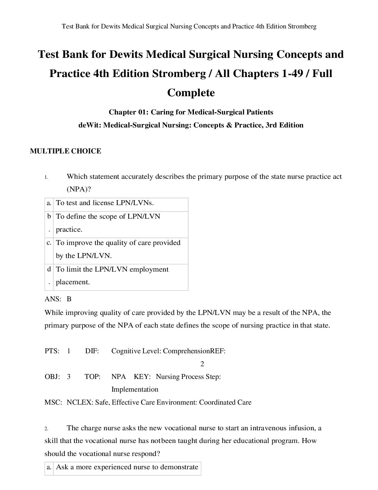 Preview image for Test Bank for Dewits Medical Surgical Nursing Concepts and  Practice 4th Edition Stromberg / All Chapters 1-49 / Full  Complete