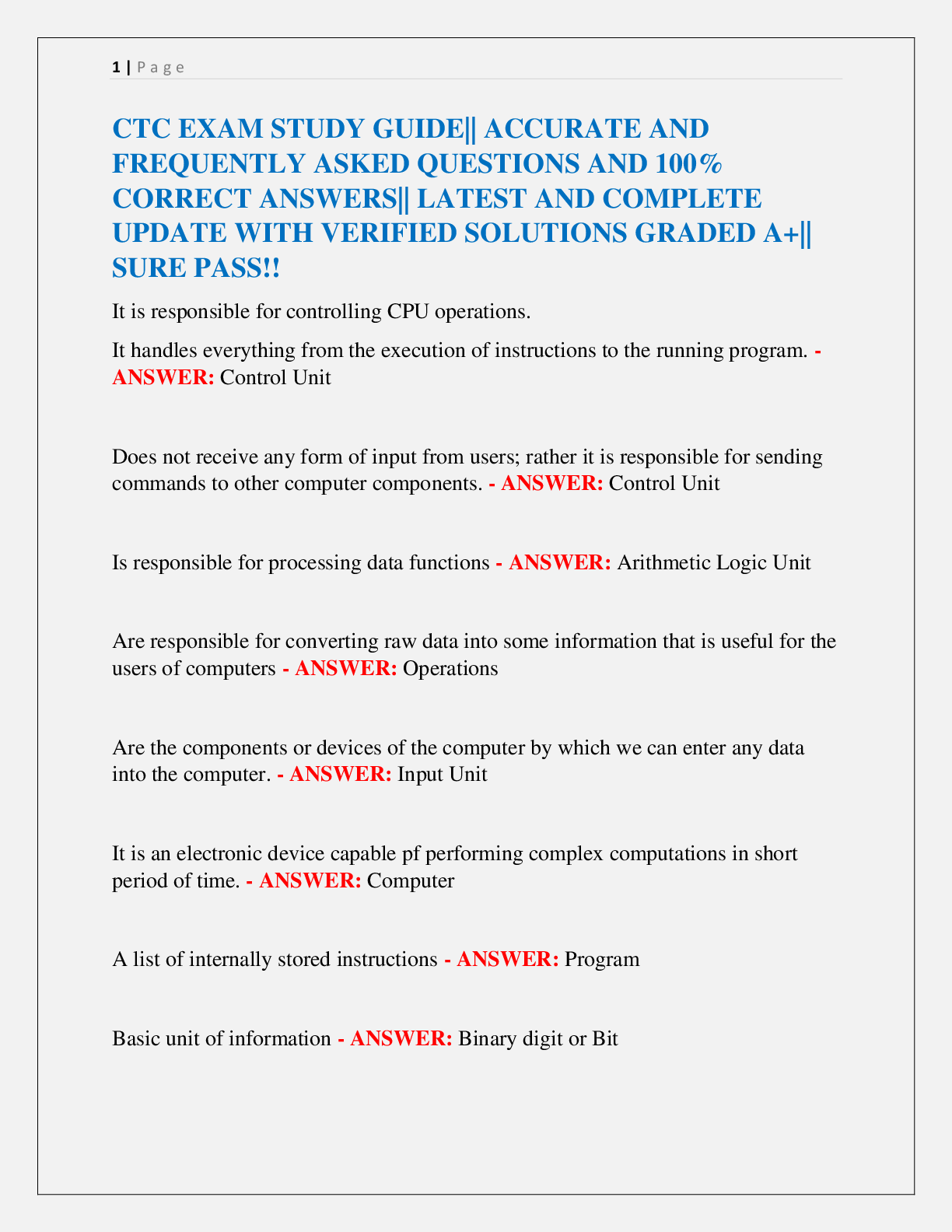 Preview image for CTC EXAM STUDY GUIDE|| ACCURATE AND  FREQUENTLY ASKED QUESTIONS AND 100%  CORRECT ANSWERS|| LATEST AND COMPLETE  UPDATE WITH VERIFIED SOLUTIONS GRADED A+||  SURE PASS!!