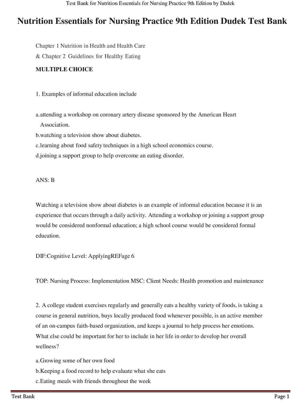 Preview image for Test Bank for Nutrition Essentials for Nursing Practice 9th Edition by Dudek