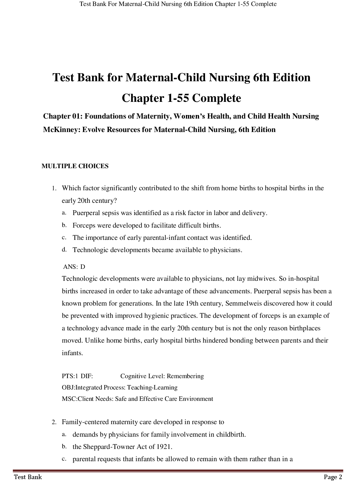 Preview image for Test Bank for Maternal-Child Nursing 6th Edition  by McKinney: Evolve Resources Chapter 1-55 Complete