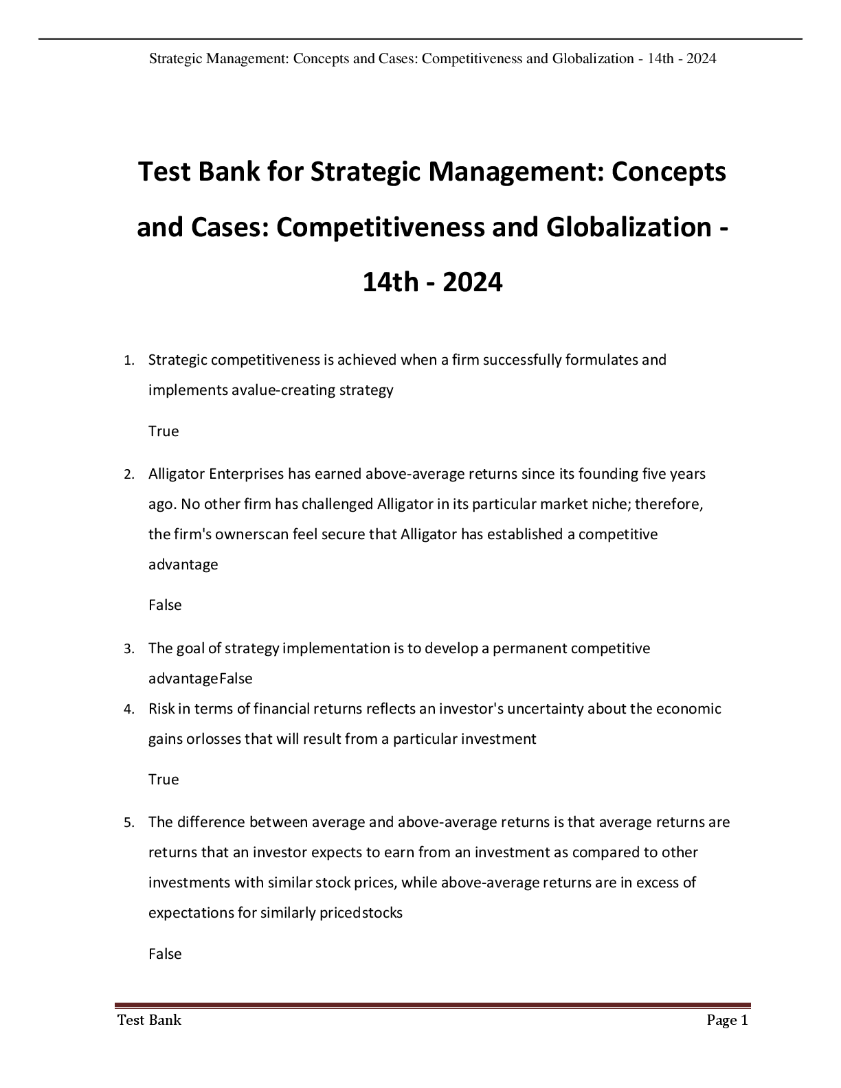 Preview image for Test Bank for Strategic Management: Concepts  and Cases: Competitiveness and Globalization -  14th edition - 2024