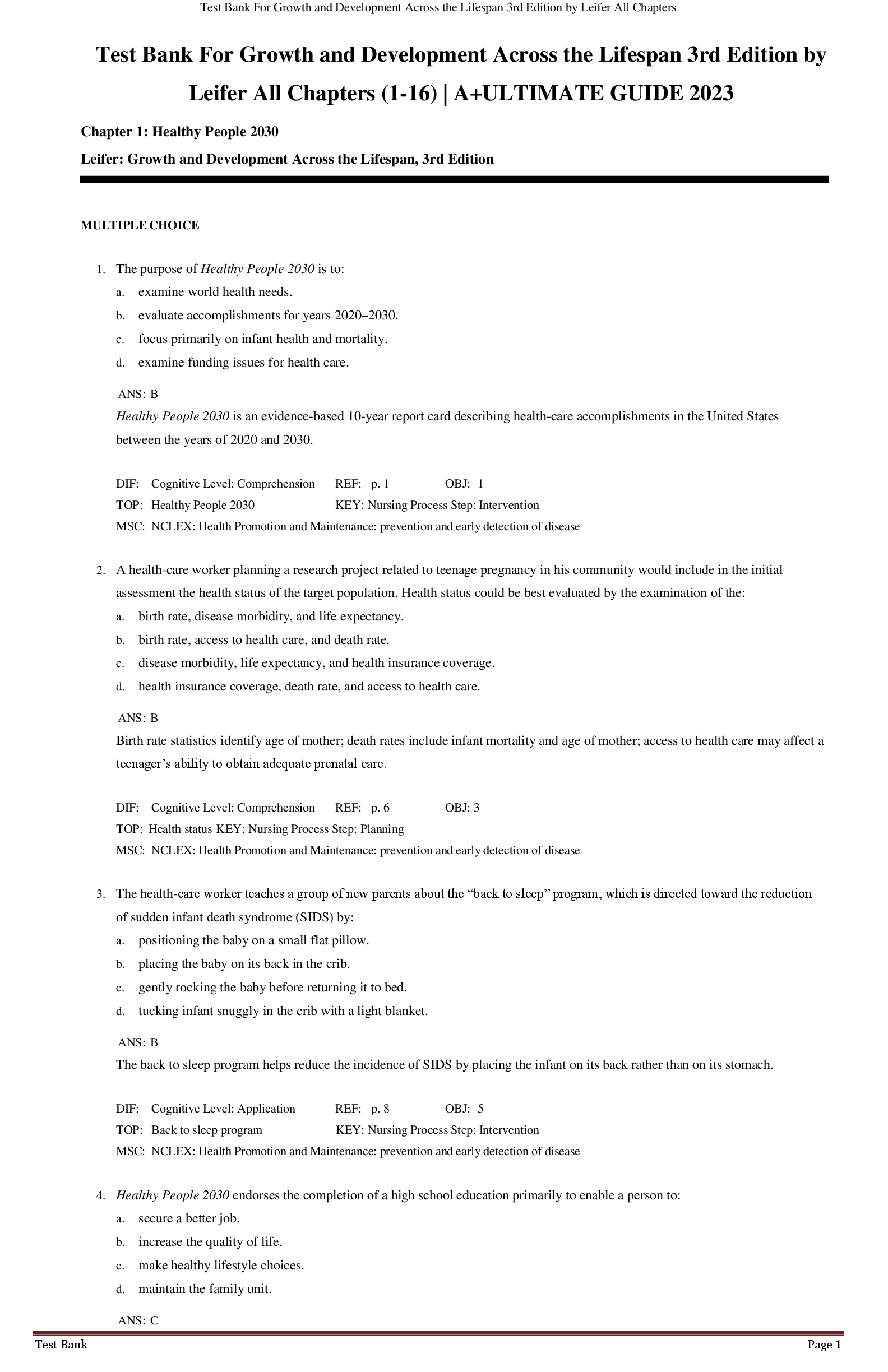 Preview image for Test Bank For Growth and Development Across the Lifespan 3rd Edition by  Leifer All Chapters (1-16) | A+ULTIMATE GUIDE