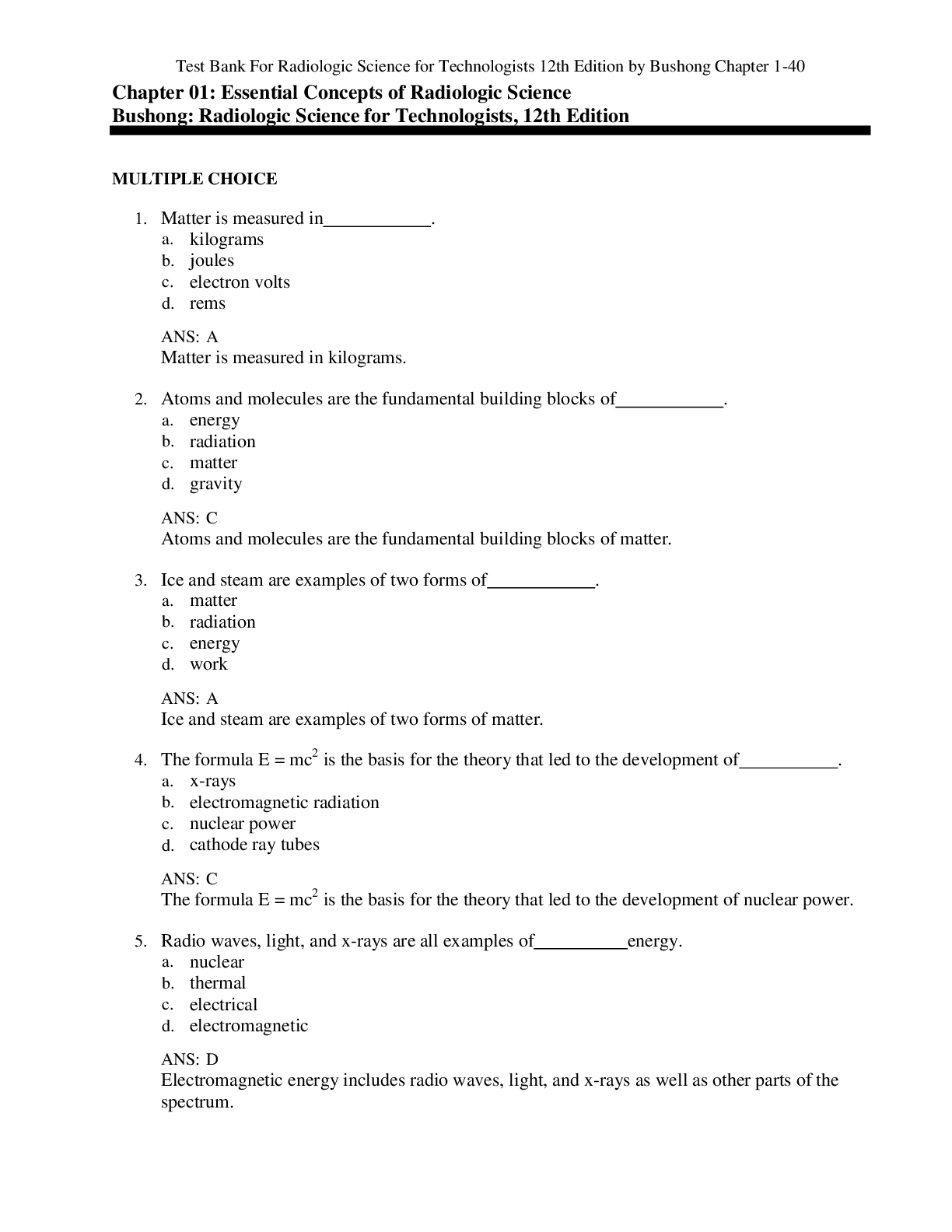 Preview image for Test Bank For Radiologic Science for Technologists 12th Edition by Bushong Chapter 1-40