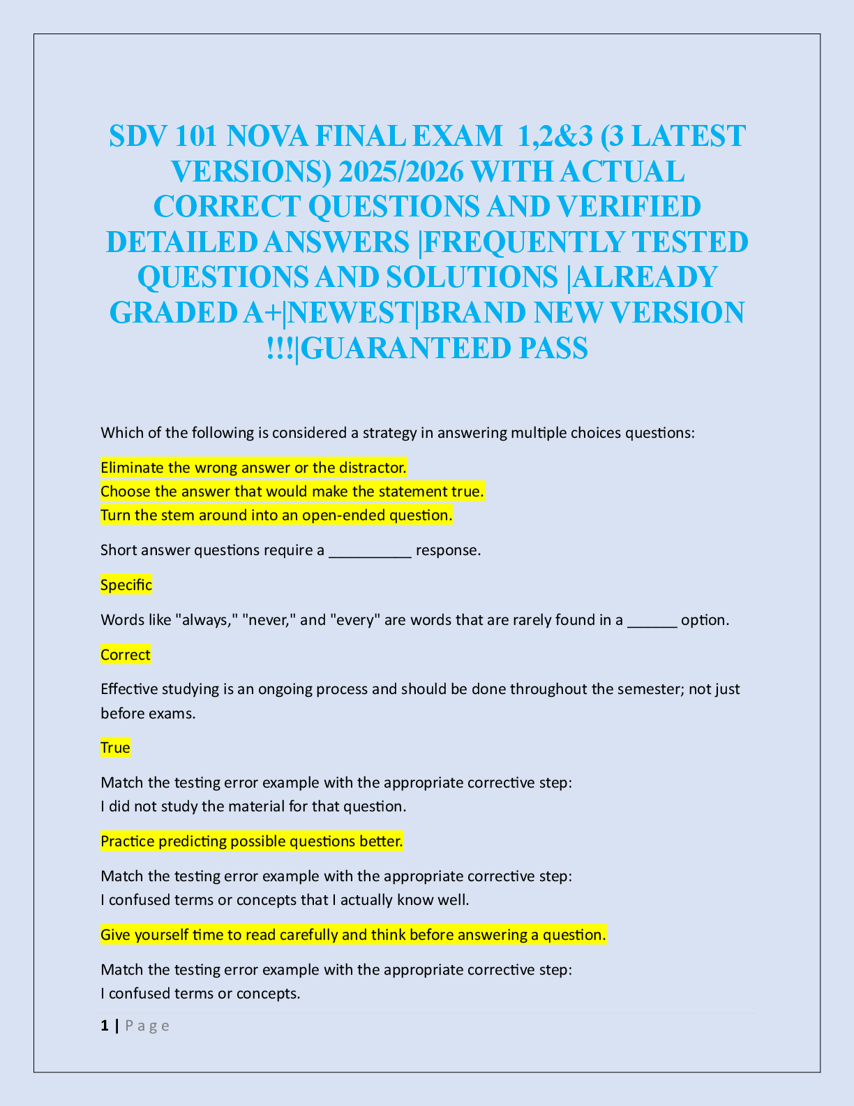 SDV 101 NOVA FINAL EXAM  1,2&3 (3 LATEST  VERSIONS)  