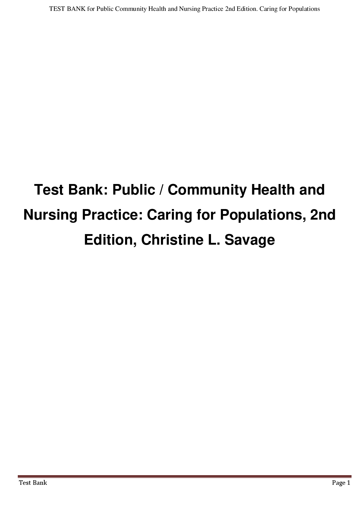 Preview image for Test Bank Public  Community Health and  Nursing Practice  Caring for Populations, 2nd  Edition, Christine L. Savage
