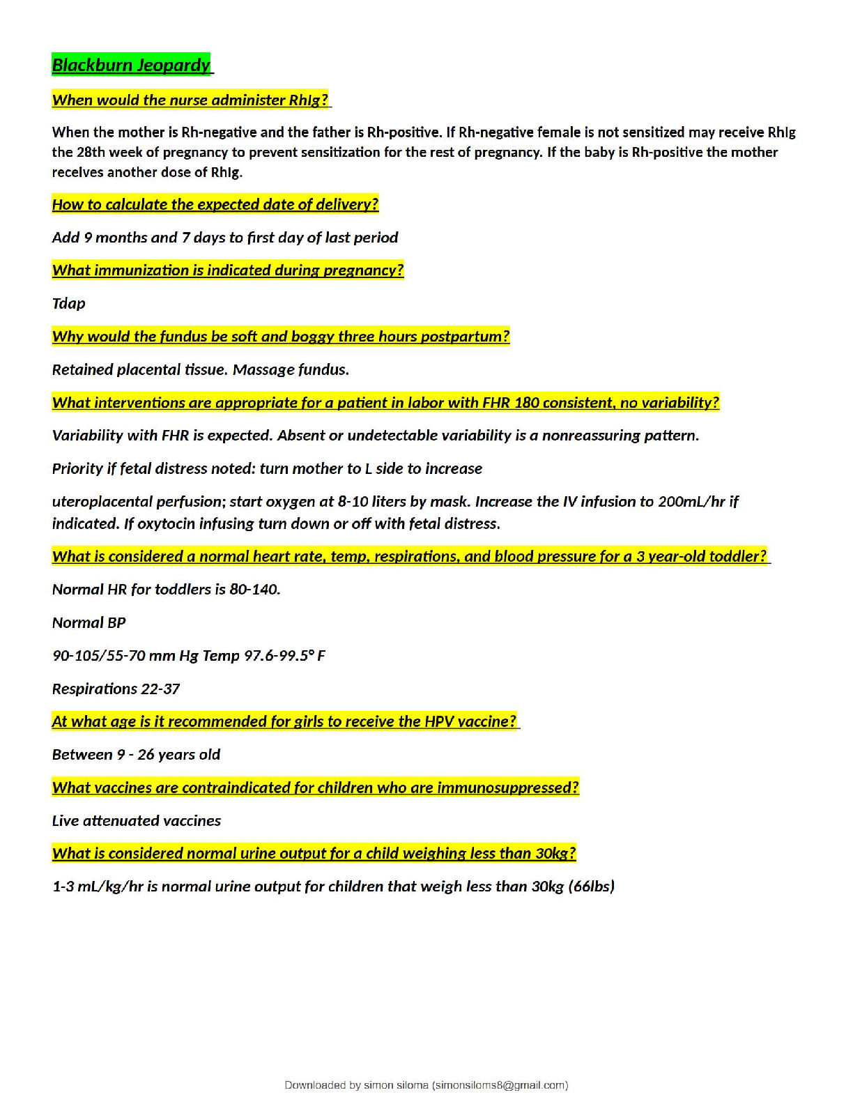 Recommended document preview for NUR 283 Blackburn Jeopardy Comprehensive Exam Test Prep / 2025 Study Guide