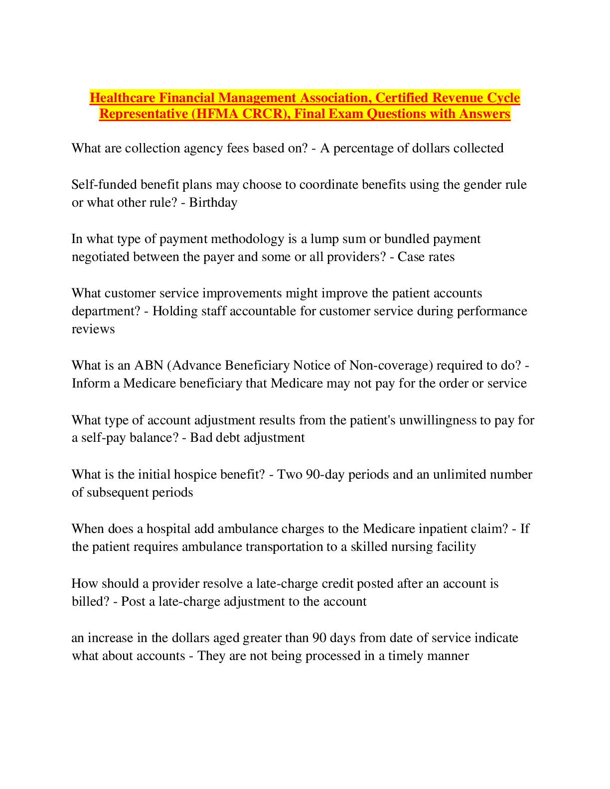 Preview image for Healthcare Financial Management Association, Certified Revenue Cycle Representative (HFMA CRCR), Final Exam Questions with Answers