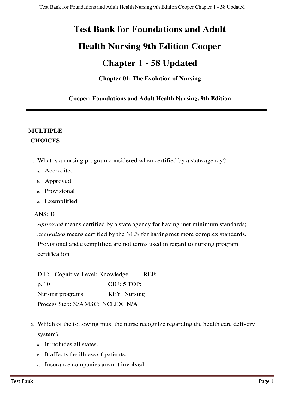 Preview image for Test Bank for Foundations and Adult  Health Nursing 9th Edition Cooper  Chapter 1 - 58 Updated