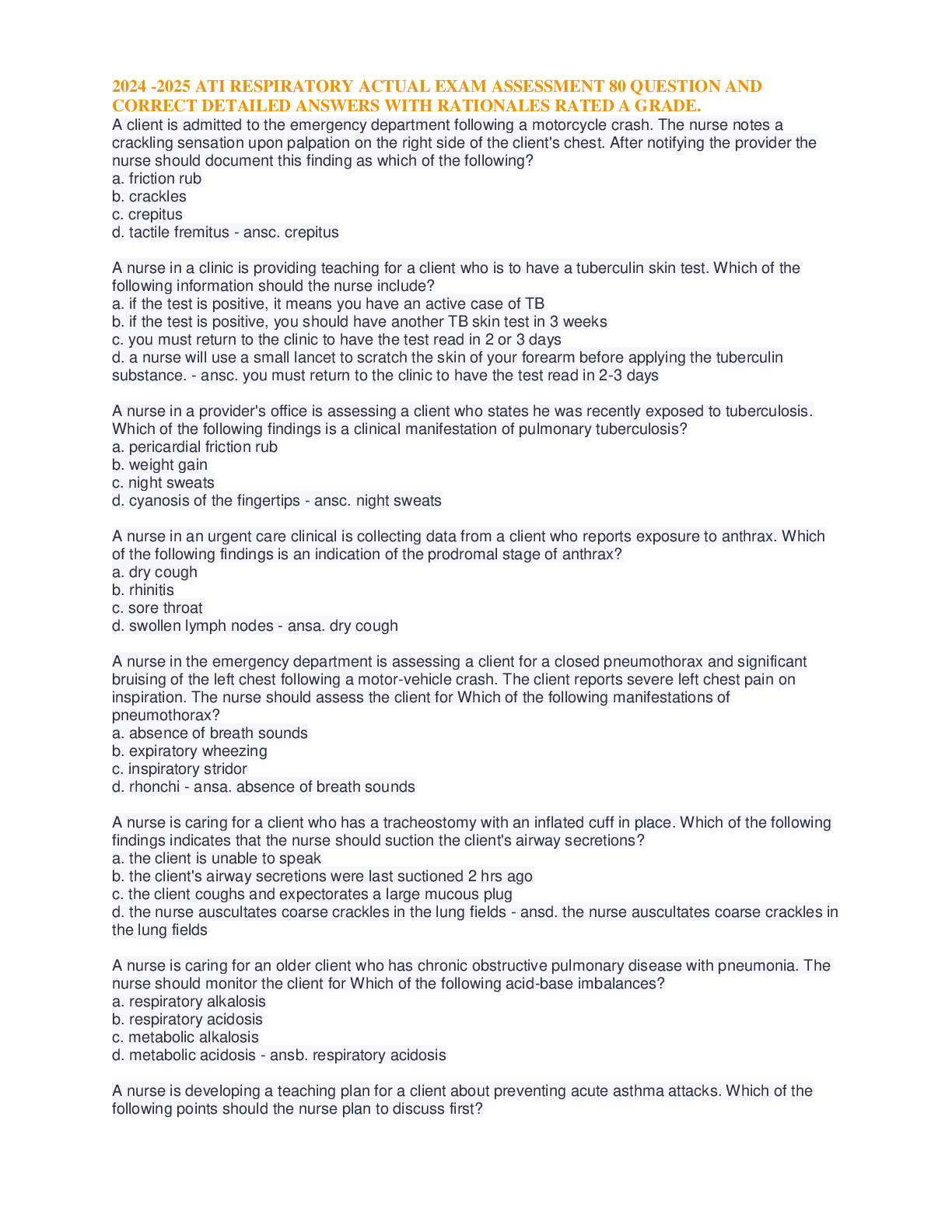 Preview image for 2025/2026 ATI RESPIRATORY ACTUAL EXAM ASSESSMENT 80 QUESTION AND CORRECT DETAILED ANSWERS WITH RATIONALES