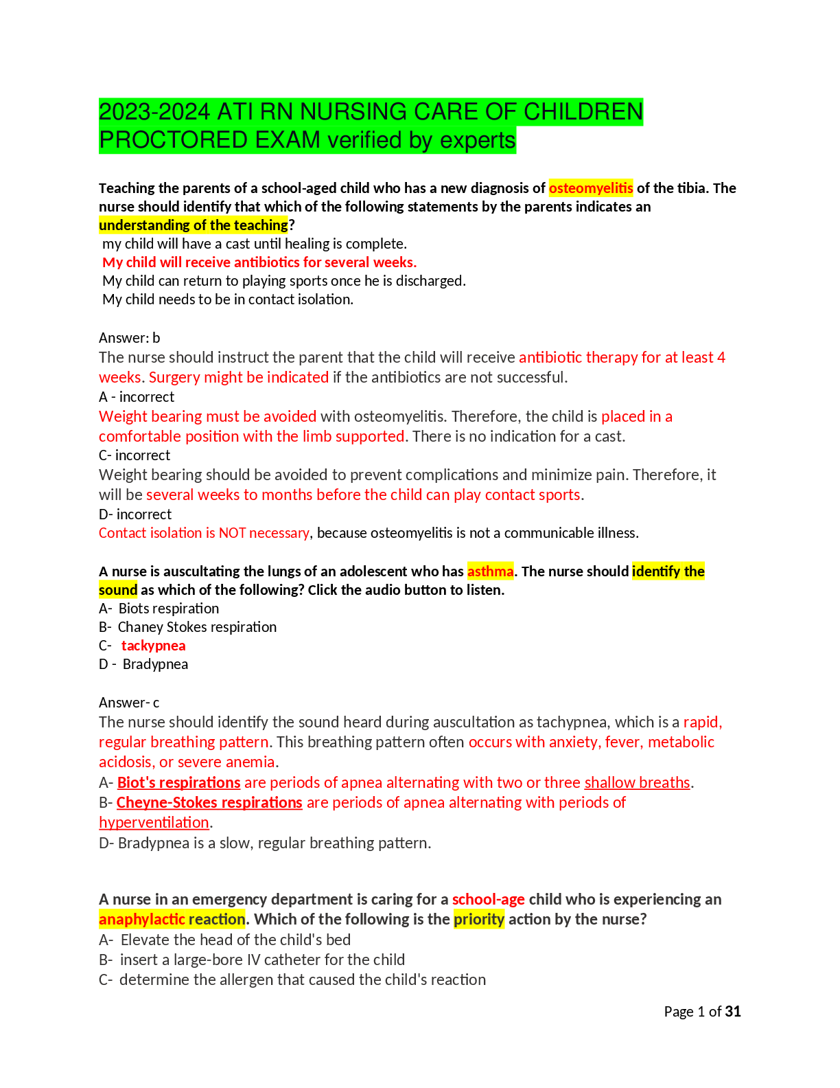 Preview image for 2025/2026 ATI RN NURSING CARE OF CHILDREN PROCTORED EXAM verified by experts