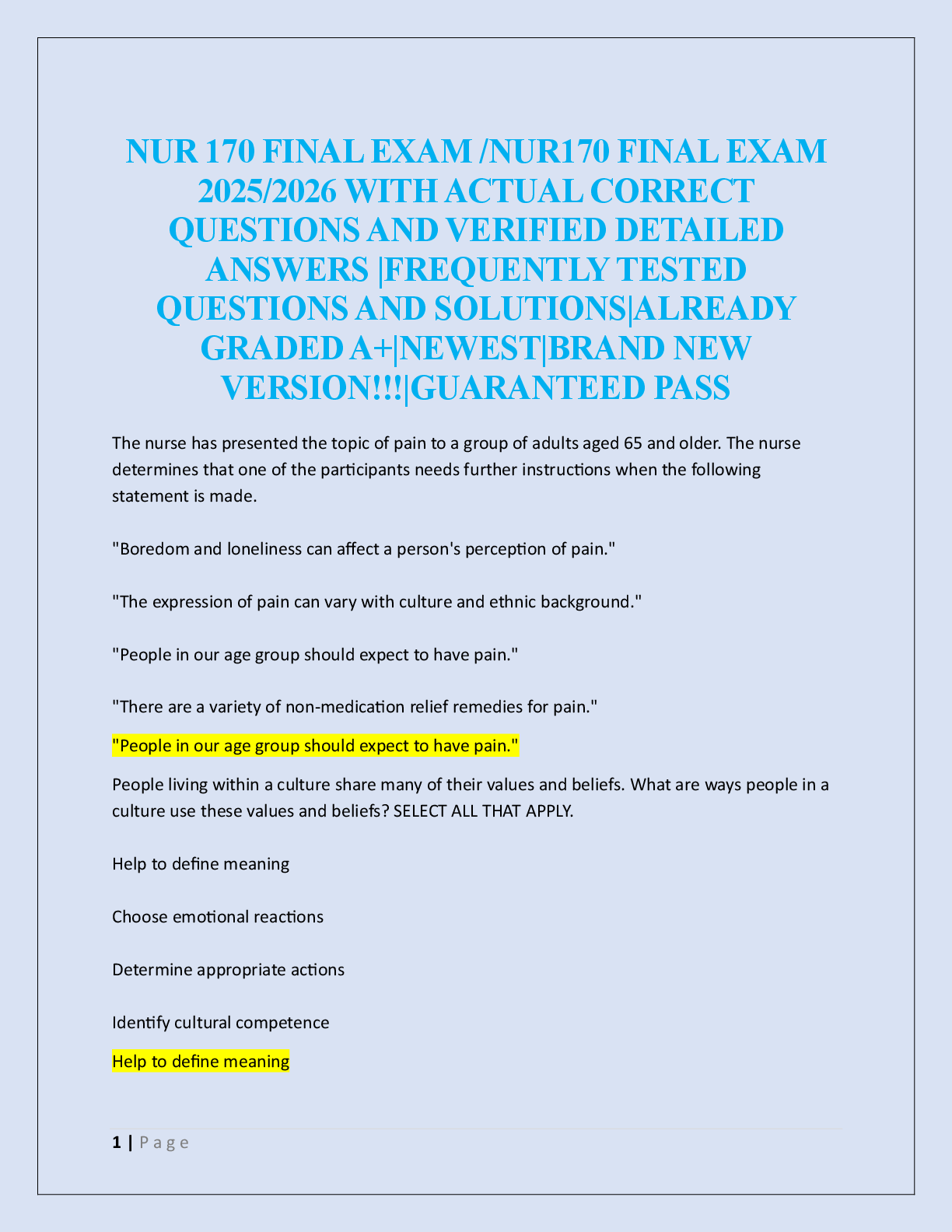 NUR 170 FINAL EXAM /NUR170 FINAL EXAM   
