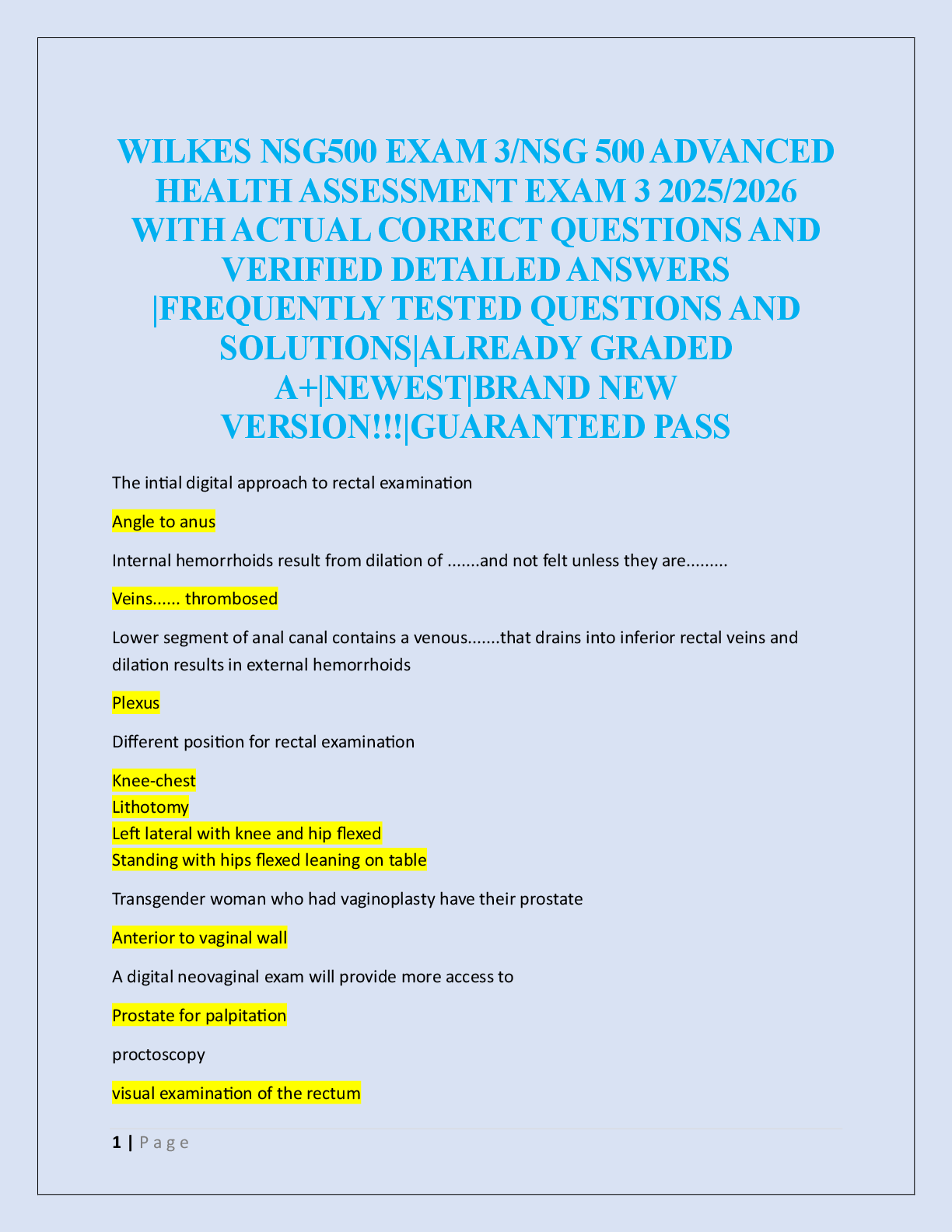WILKES NSG500 EXAM 3/NSG 500 ADVANCED  HEALTH ASSESSMENT EXAM 3  