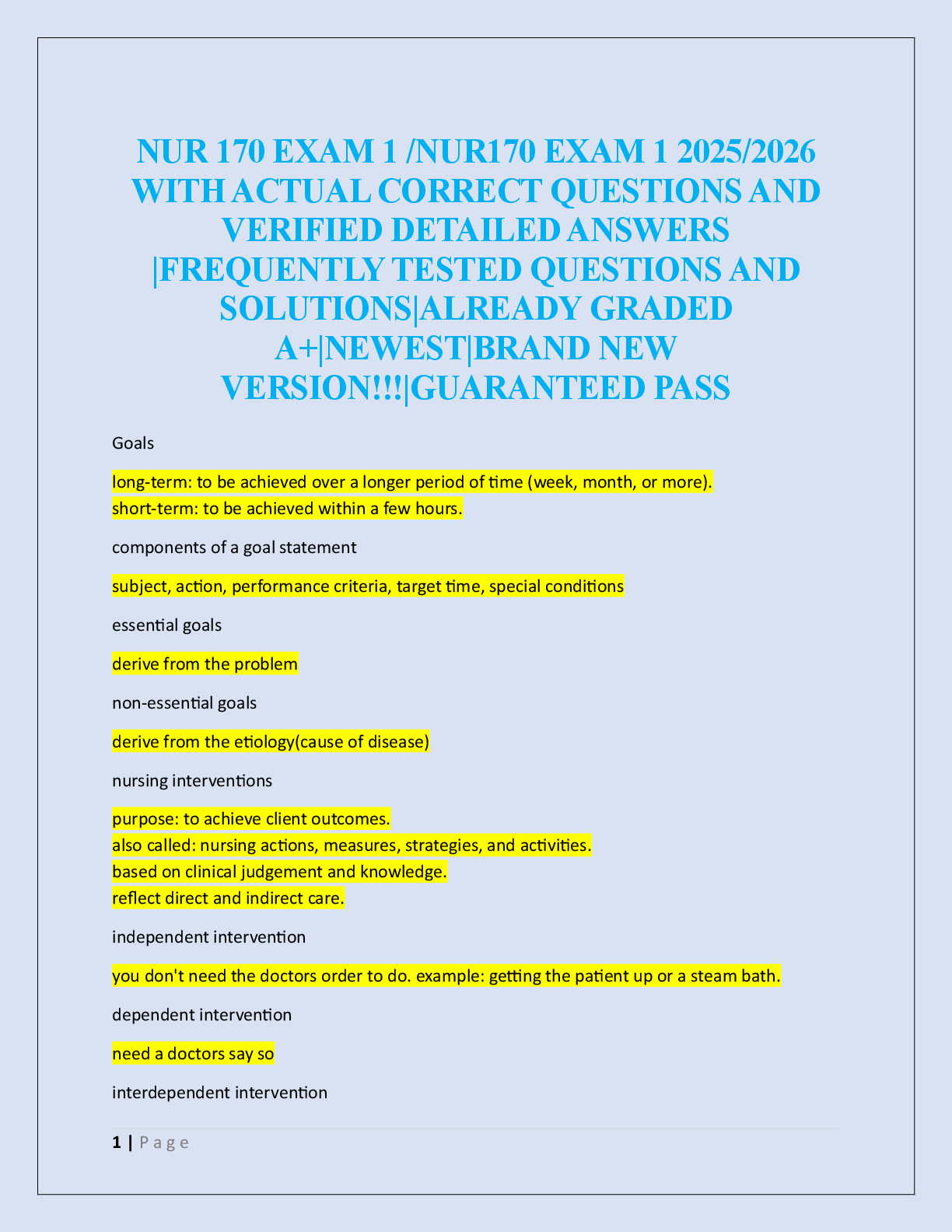 Preview of NUR 170 EXAM 1 /NUR170 EXAM 1