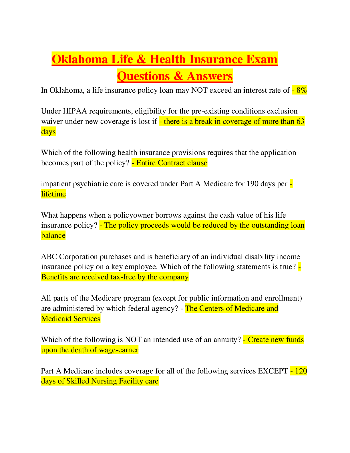 Preview image for Oklahoma Life & Health Insurance Exam Questions & Answers