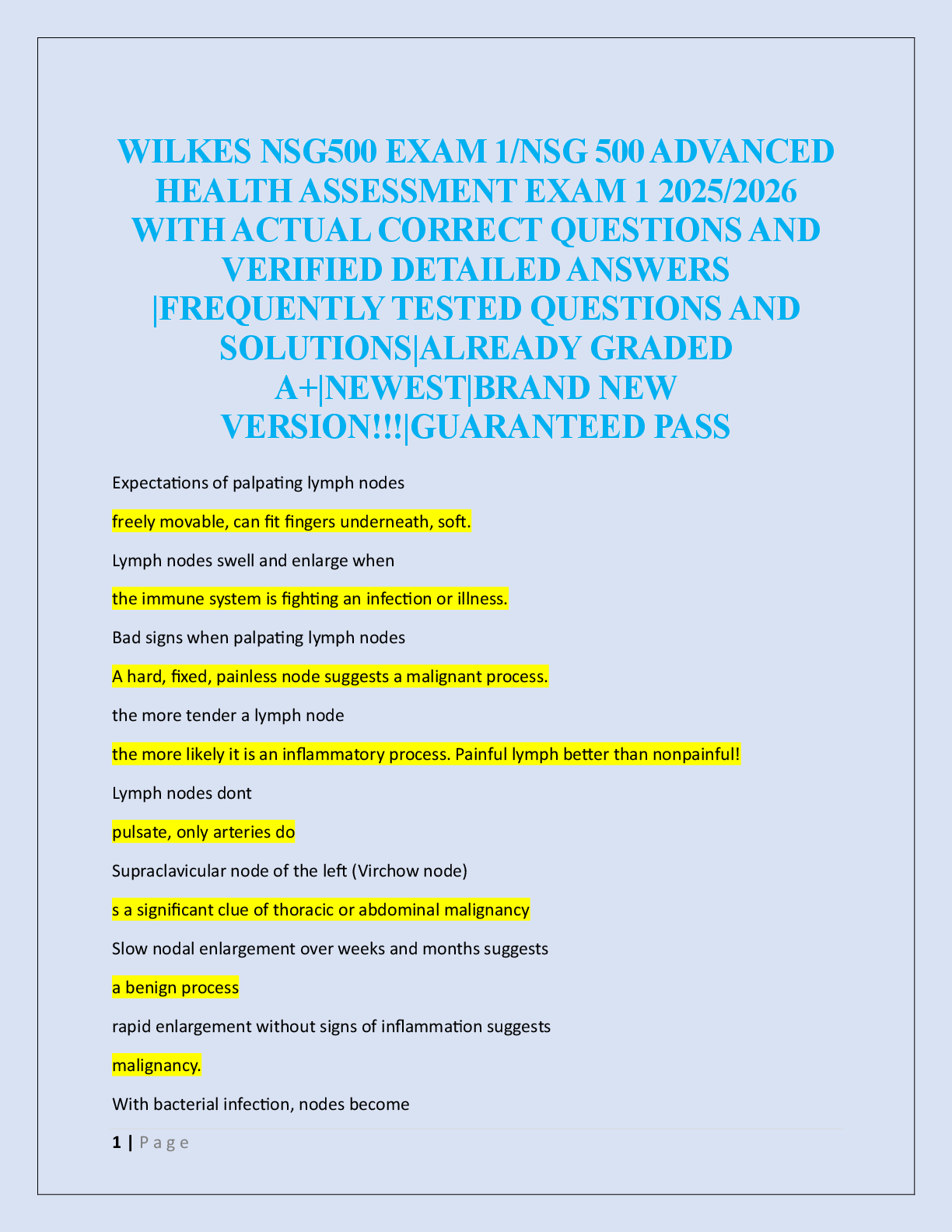 WILKES NSG500 EXAM 1/NSG 500 ADVANCED  HEALTH ASSESSMENT EXAM 1  