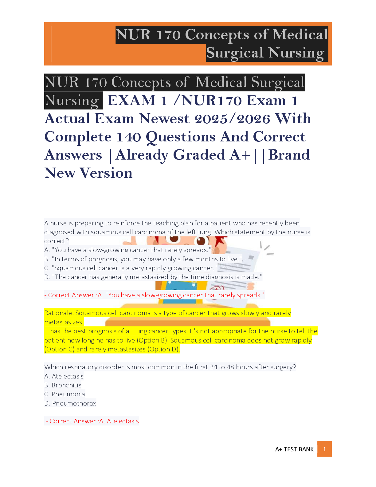 Preview of NUR 170 Concepts of Medical Surgical  Nursing  EXAM 1 /NUR170 Exam 1  Actual Exam Newest 2