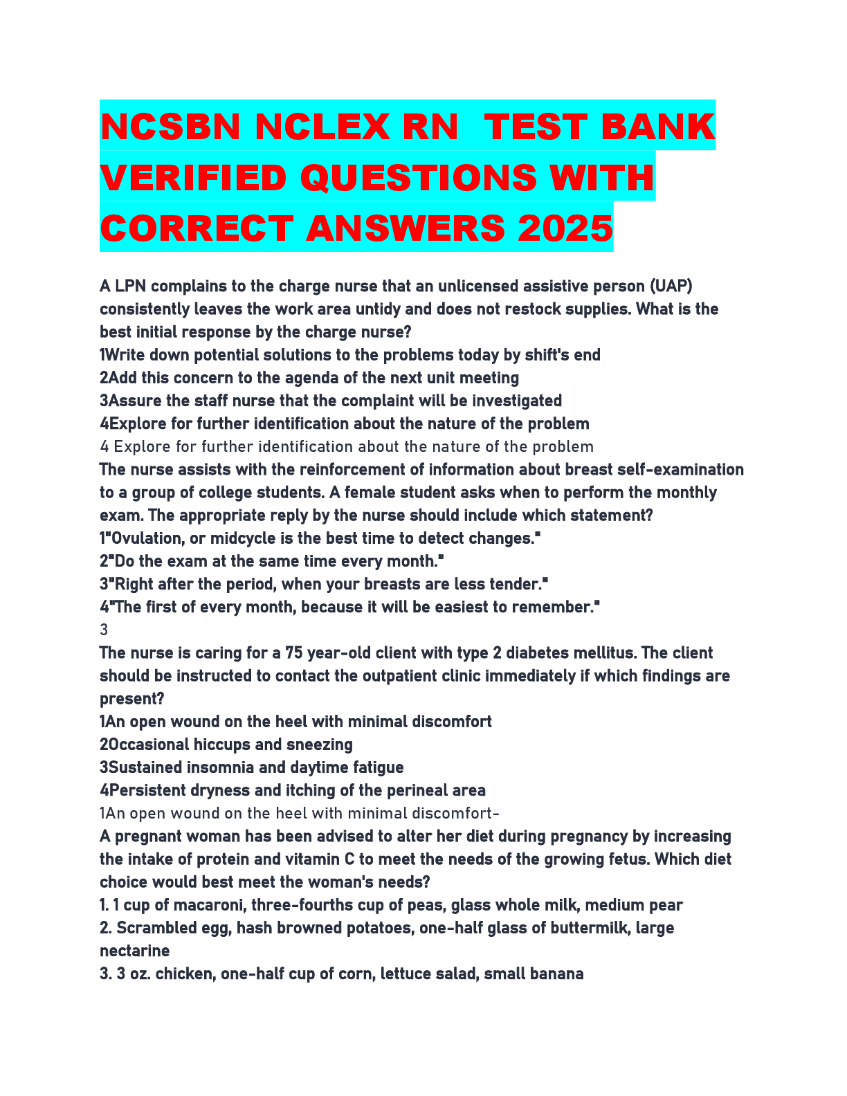Preview image for NCSBN NCLEX RN  TEST BANK VERIFIED QUESTIONS WITH CORRECT ANSWERS 2025