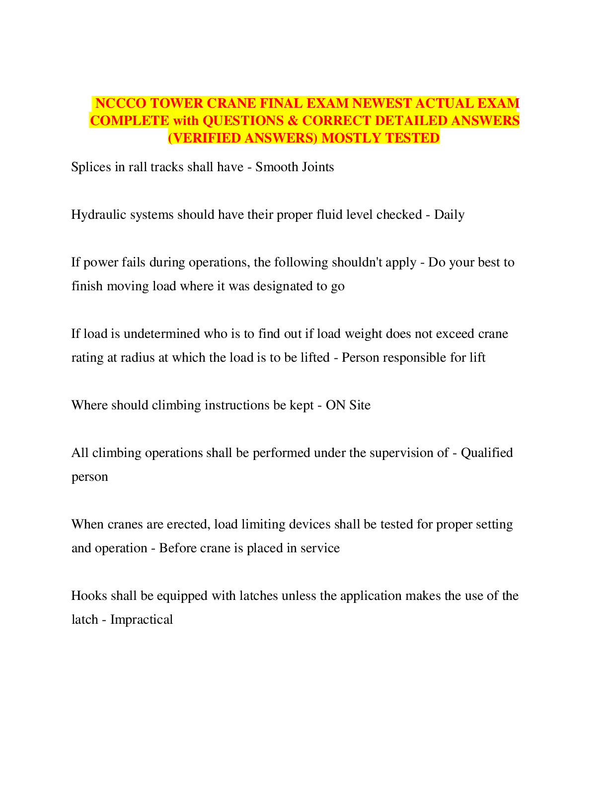 Preview image for NCCCO TOWER CRANE FINAL EXAM NEWEST ACTUAL EXAM COMPLETE with QUESTIONS & CORRECT DETAILED ANSWERS (VERIFIED ANSWERS) MOSTLY TESTED