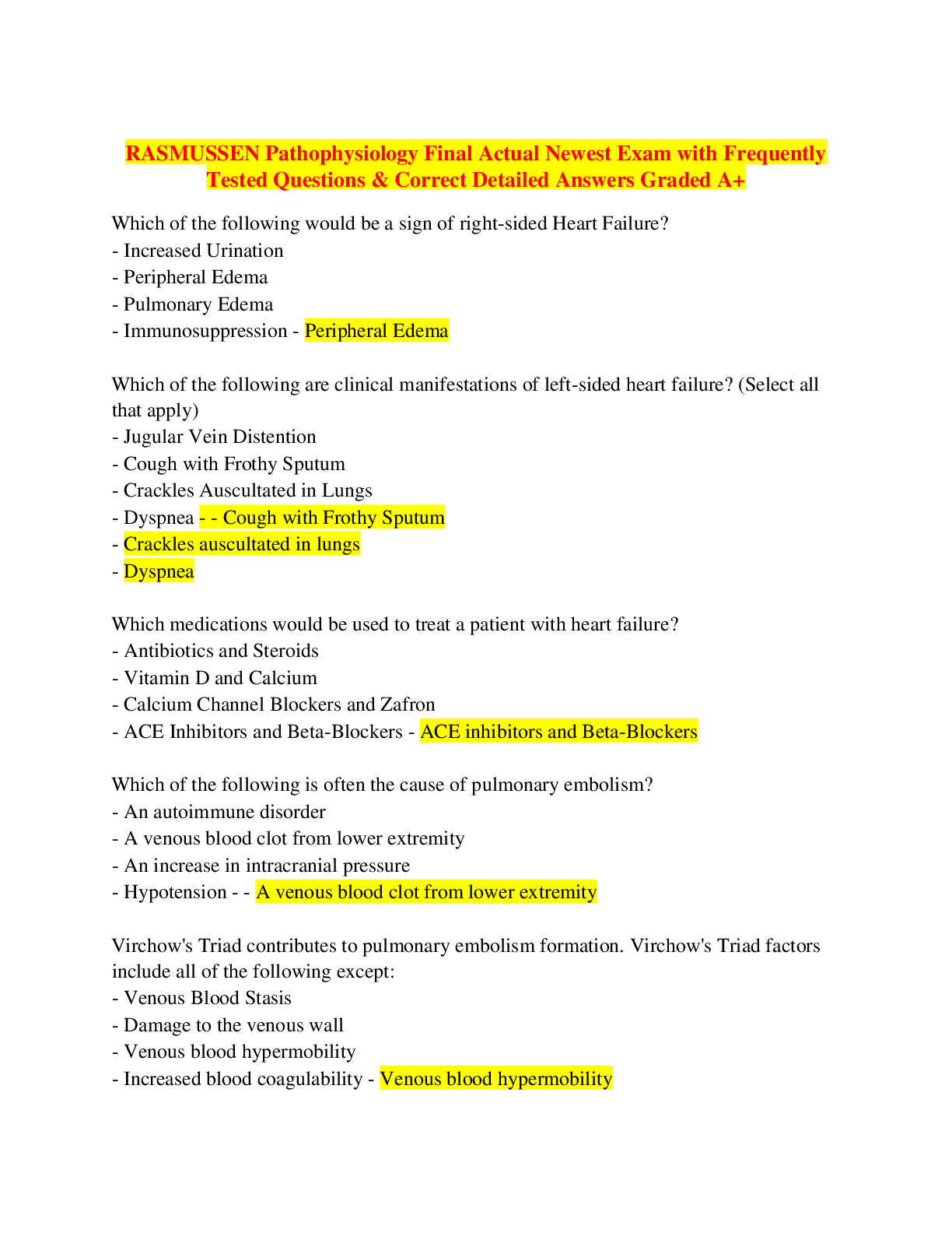 Preview image for RASMUSSEN Pathophysiology Final Actual Newest Exam with Frequently Tested Questions & Correct Detailed Answers Graded A+