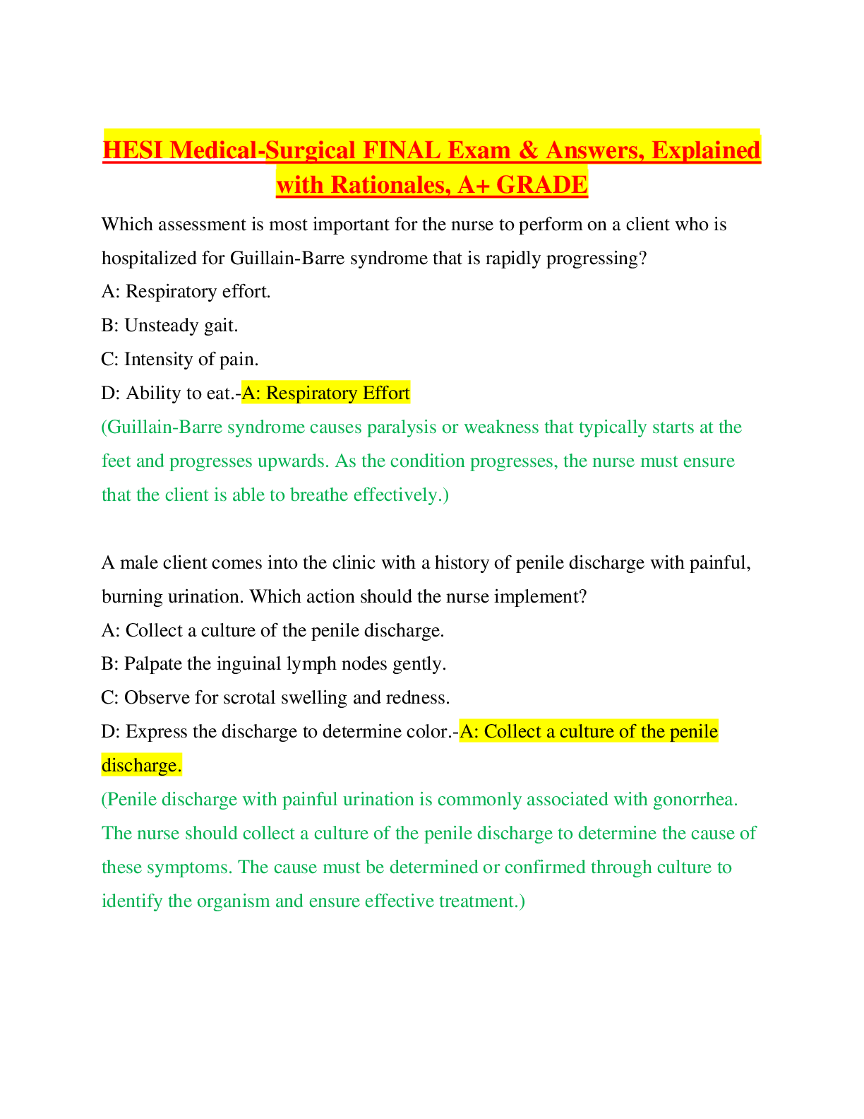 Preview image for HESI Medical-Surgical FINAL Exam & Answers, Explained with Rationales, A+ GRADE