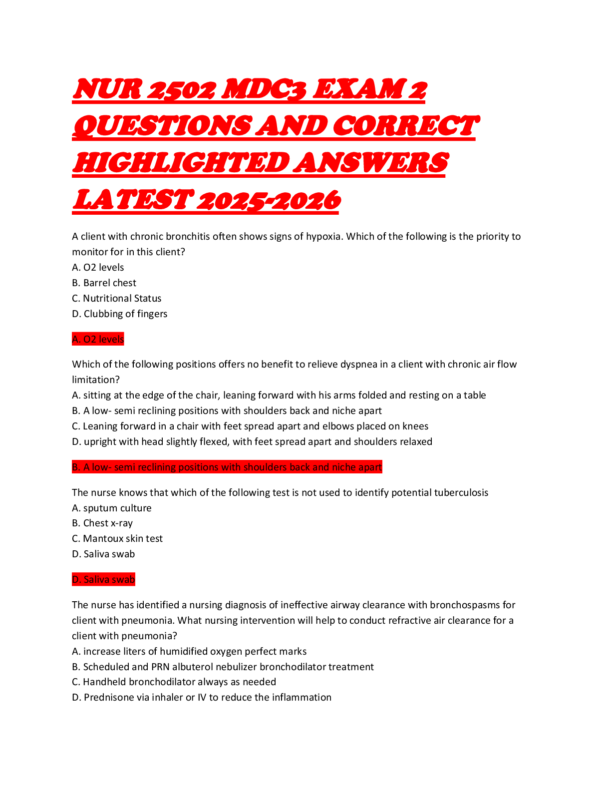 Preview image for NUR 2502 MDC3 EXAM 2 QUESTIONS AND CORRECT HIGHLIGHTED ANSWERS LATEST 2025-2026