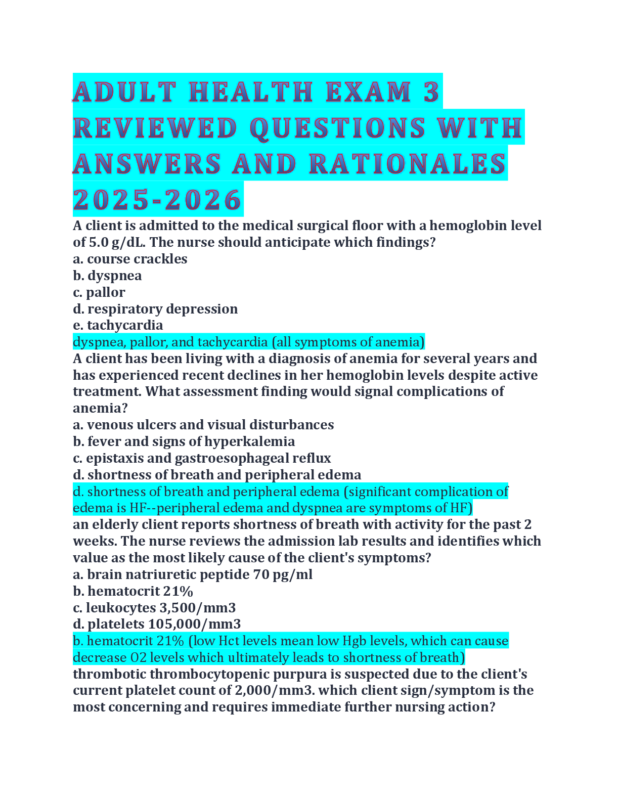 Preview image for ADULT HEALTH EXAM 3 REVIEWED QUESTIONS WITH ANSWERS AND RATIONALES 2025-2026